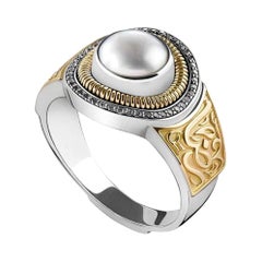 18 Karat Gold, Pearl and Diamond Signature Calligraphy Ring