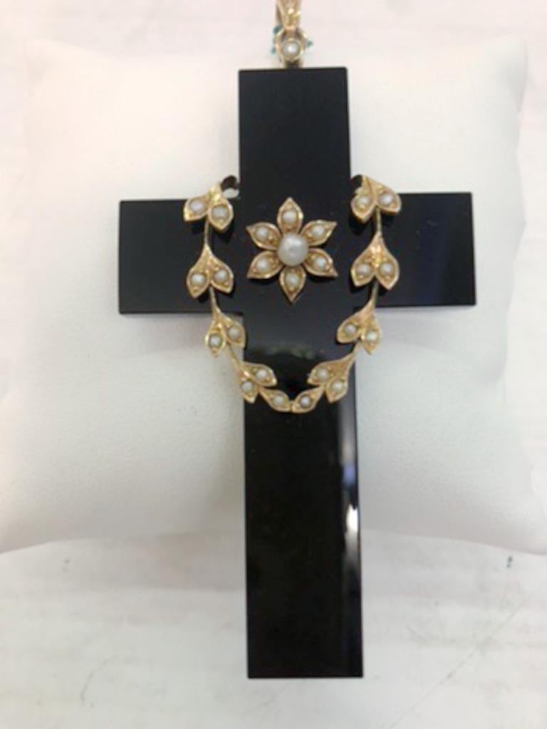 Uncut 18 Karat Gold Pearl and Onyx Cross Pendant  For Sale