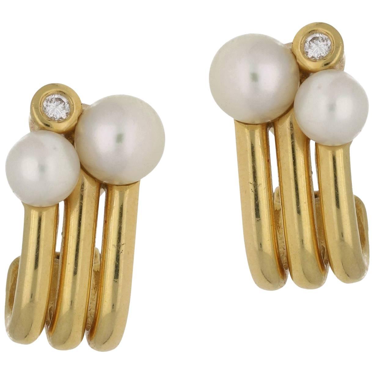 18 Karat Gold Pearl Diamond Earrings