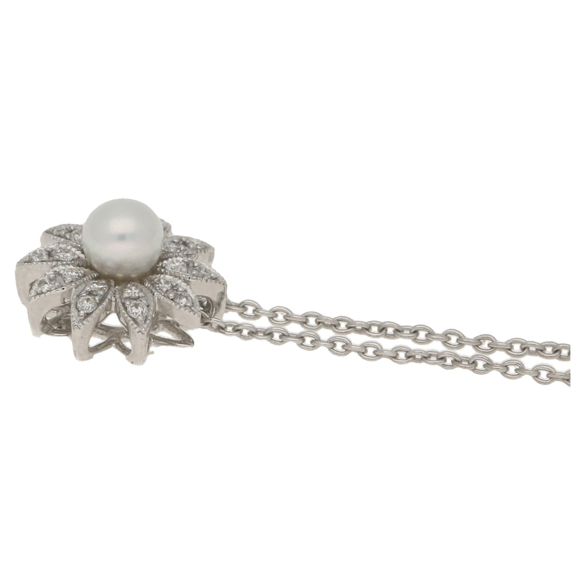 Pearl & Diamond Floral Cluster Necklace in 18 Karat White Gold In New Condition In London, GB