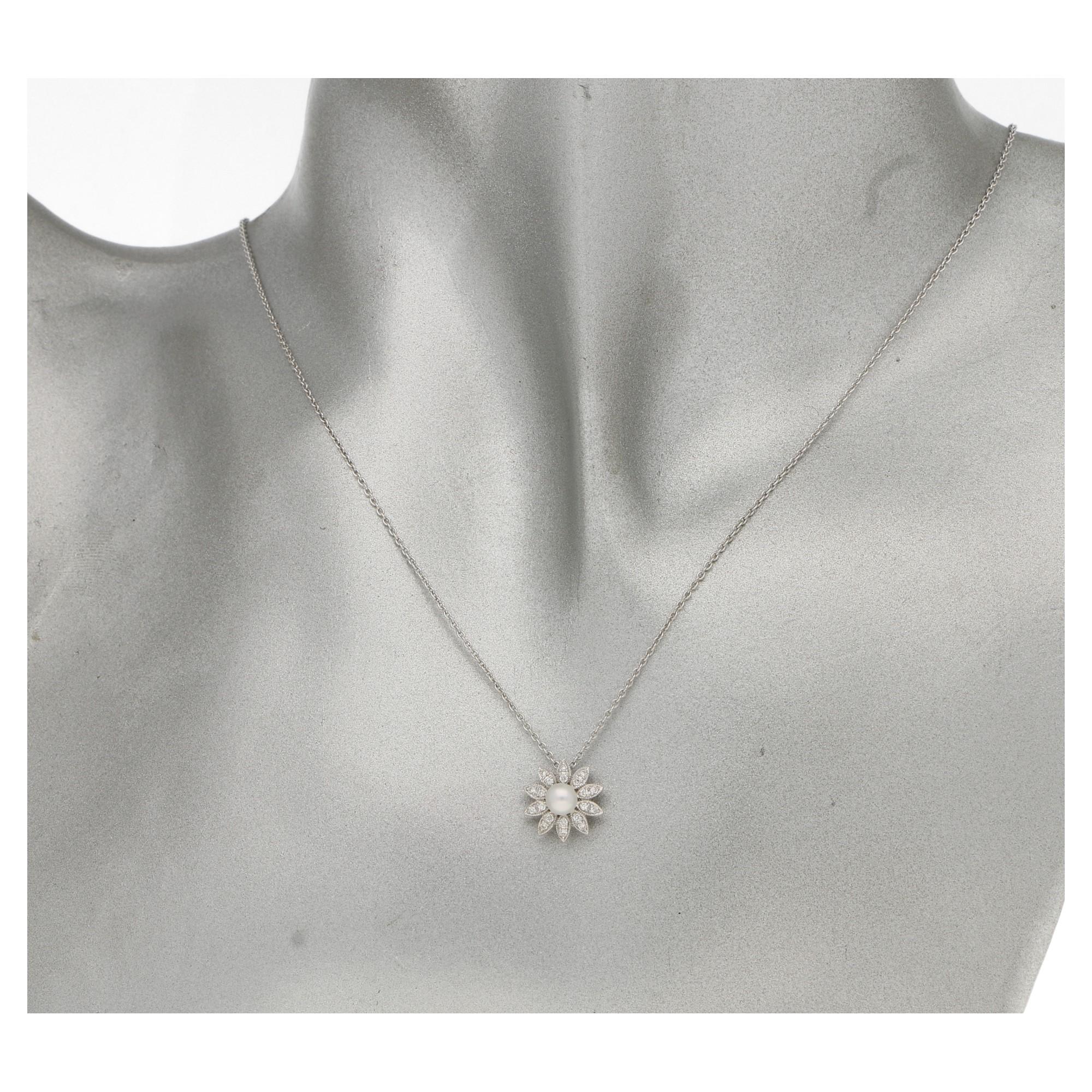 Women's or Men's Pearl & Diamond Floral Cluster Necklace in 18 Karat White Gold