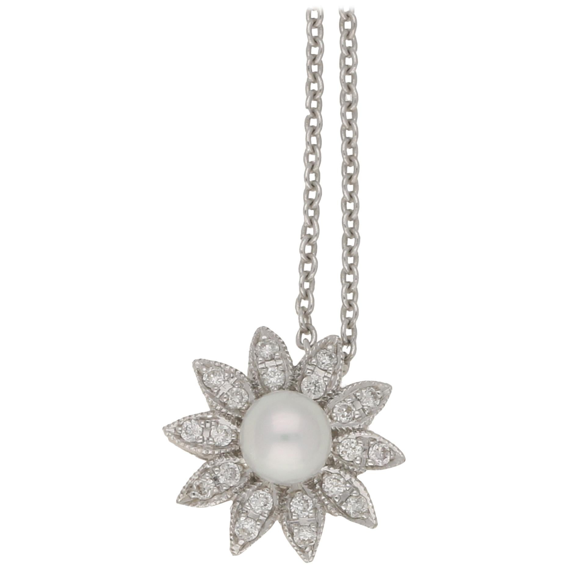 Pearl & Diamond Floral Cluster Necklace in 18 Karat White Gold