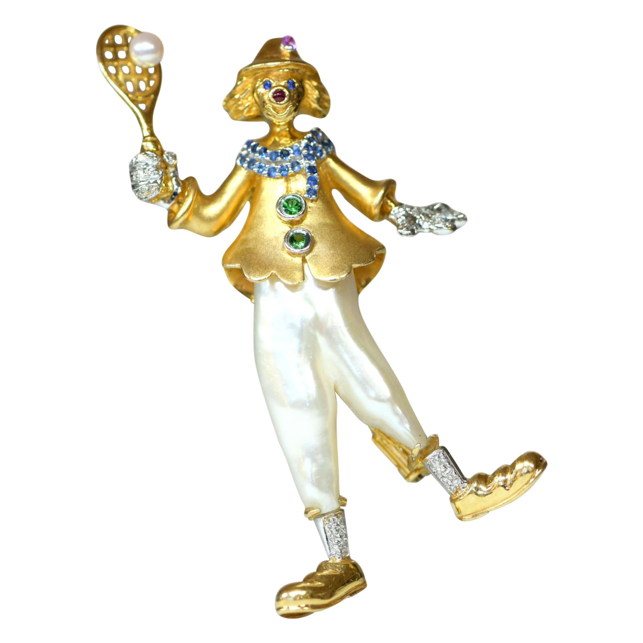 18 Karat Gold Pearl Diamond Multi-Gemstone Clown Brooch and Pendant For Sale