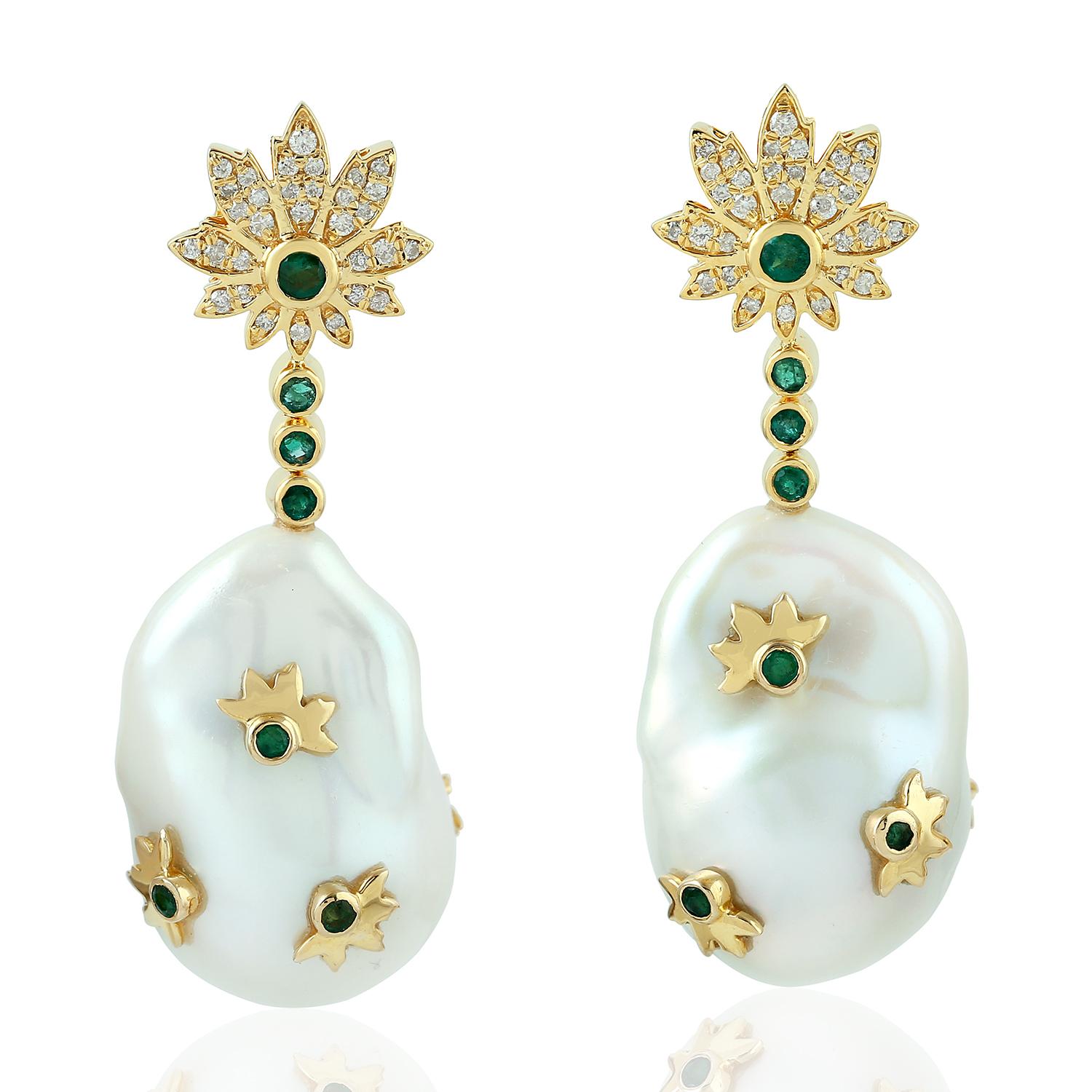 Mixed Cut  Pearl Diamond 18 Karat Gold Palm Leaf Earrings For Sale