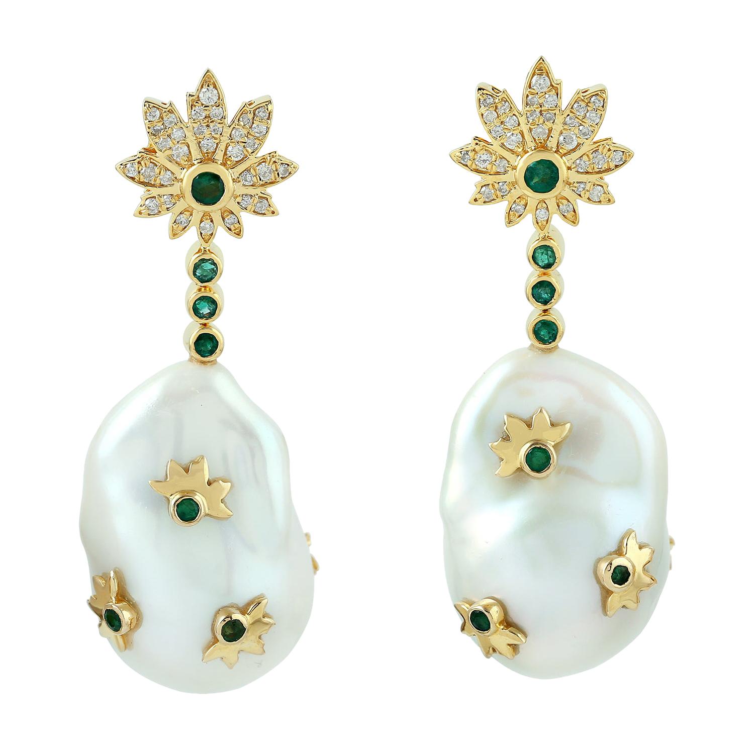  Pearl Diamond 18 Karat Gold Palm Leaf Earrings For Sale