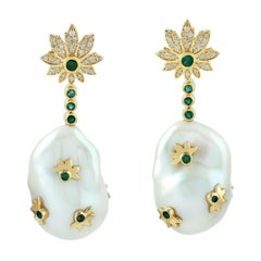  Palmblatt-Ohrringe aus 18 Karat Gold mit Perlen und Diamanten
