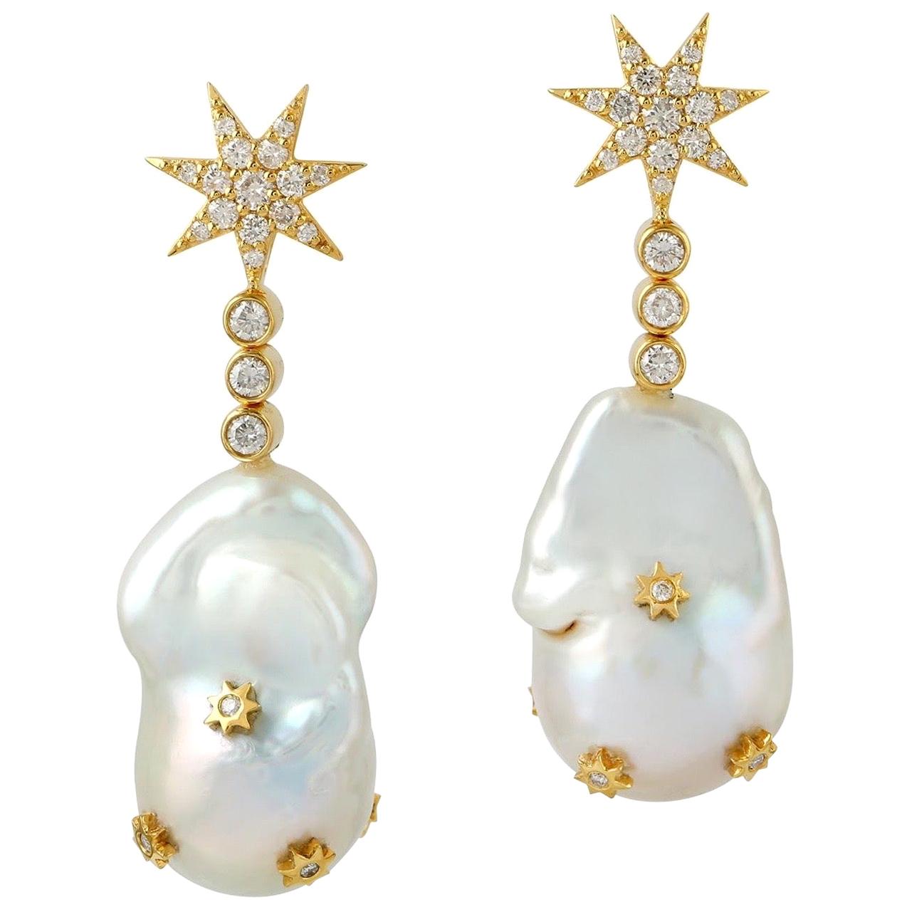 Pearl Diamond 18 Karat Gold Star Earrings For Sale