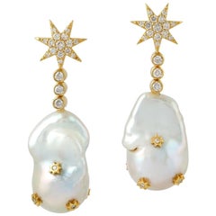Pendientes Estrella Perla Diamante Oro 18 Kilates