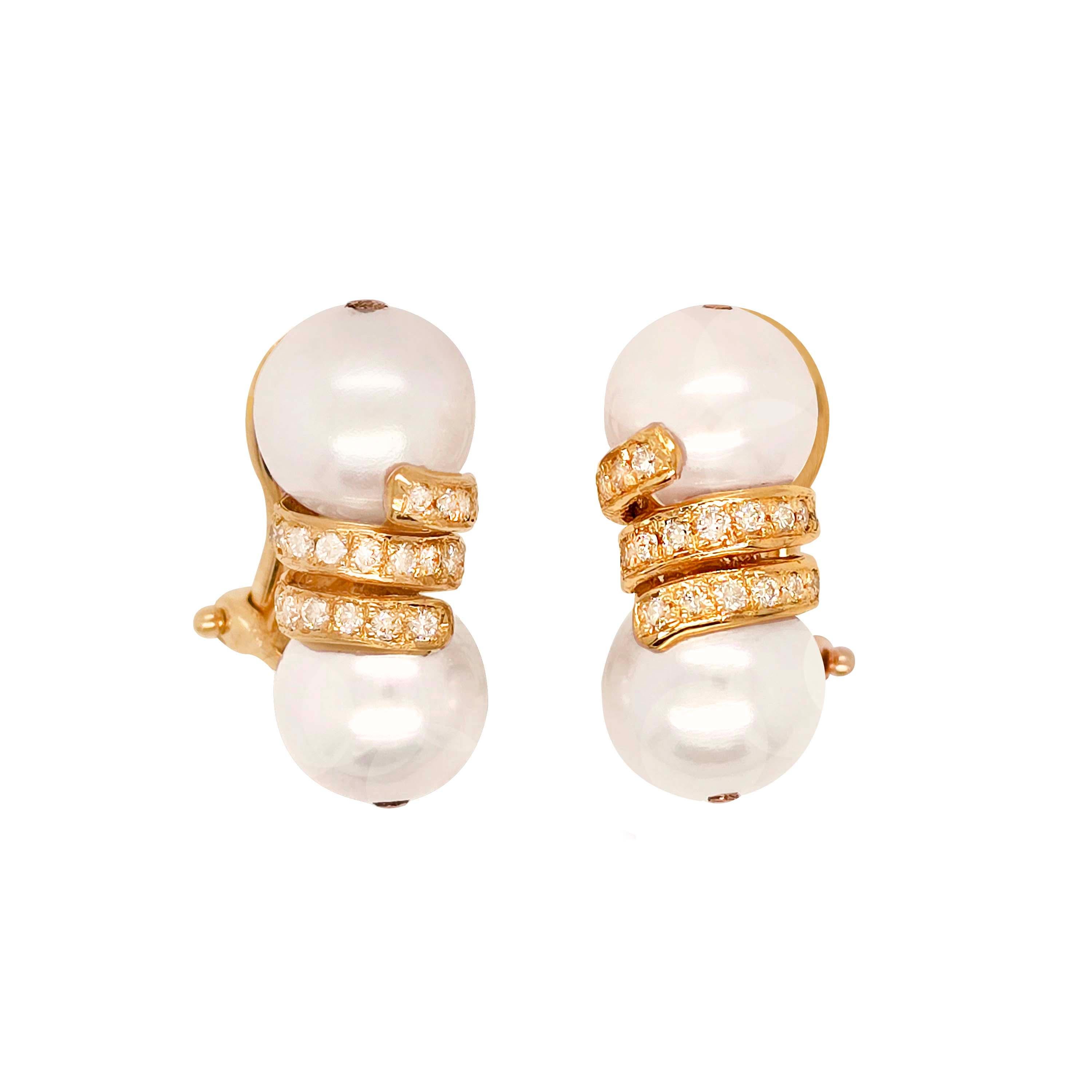 Artisan 18 Karat Gold Pearl Earrings with Diamonds For Sale