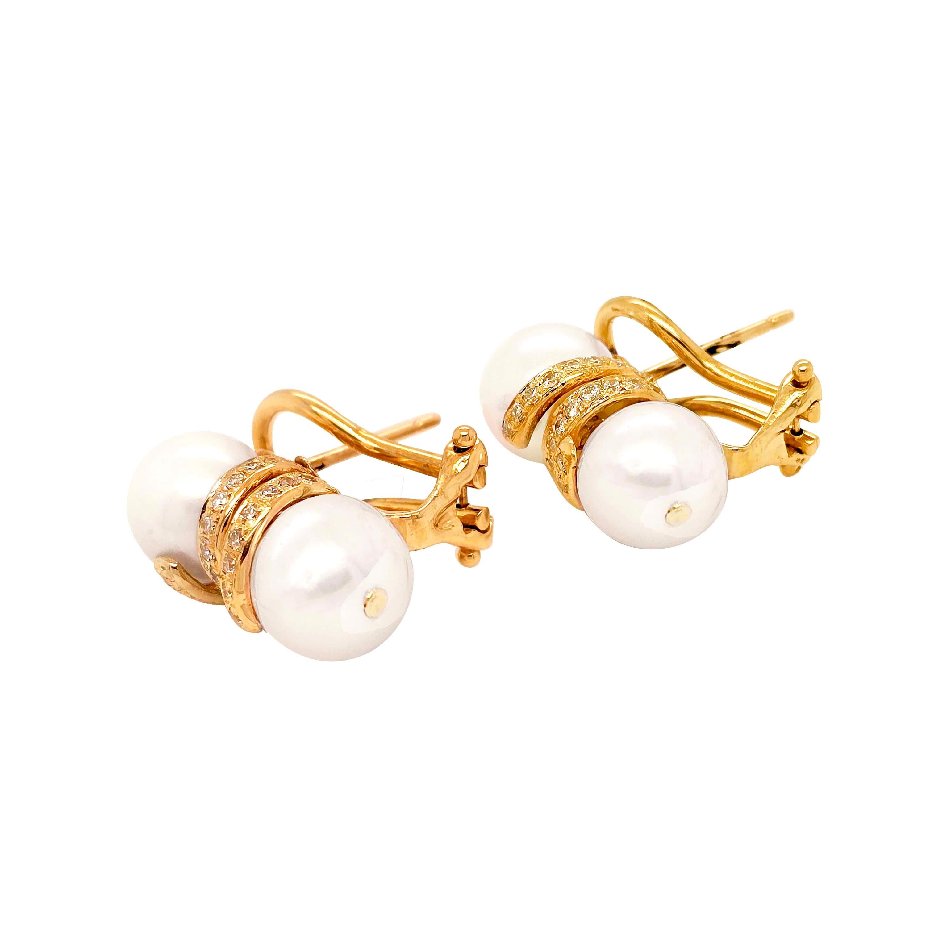 Round Cut 18 Karat Gold Pearl Earrings with Diamonds For Sale