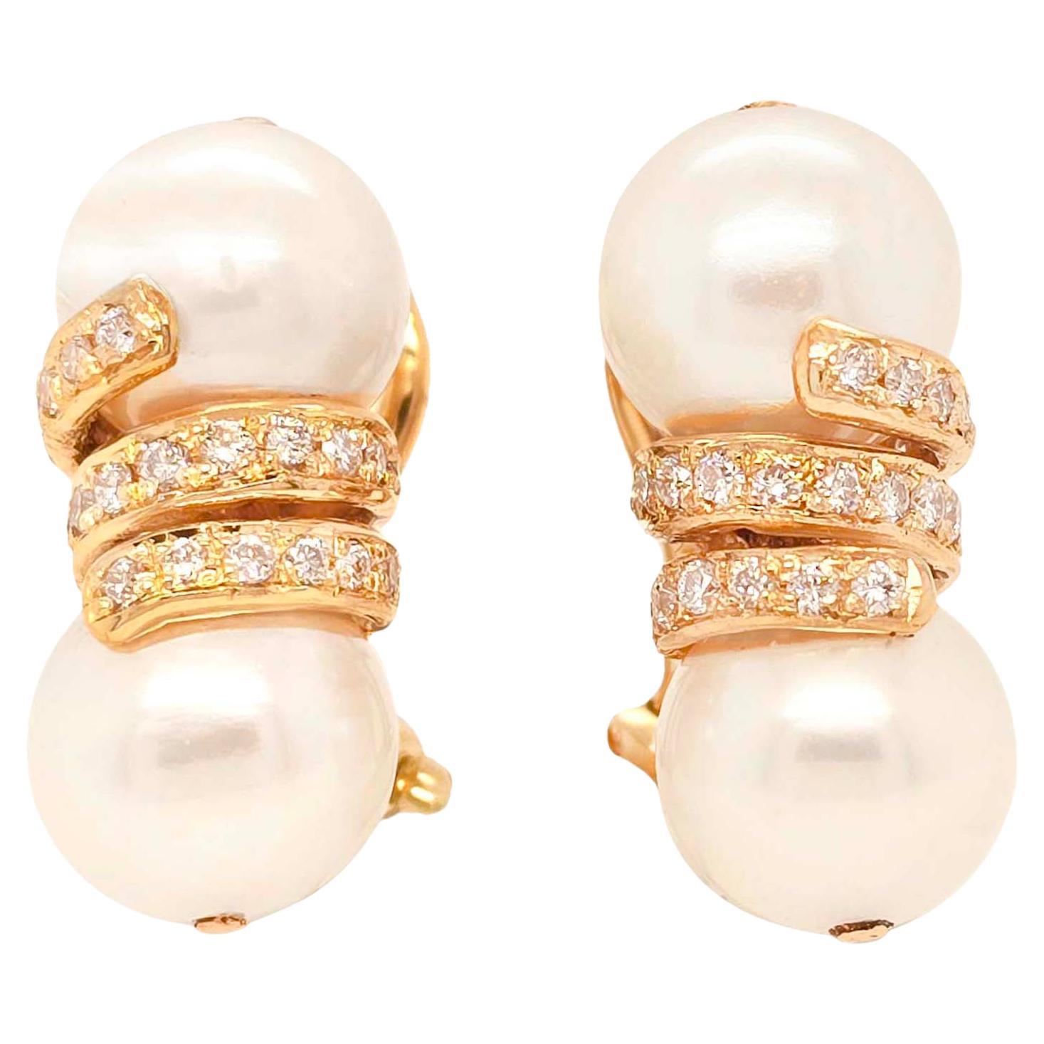 18 Karat Gold Pearl Earrings with Diamonds For Sale