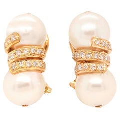 18 Karat Gold Pearl Earrings with Diamonds