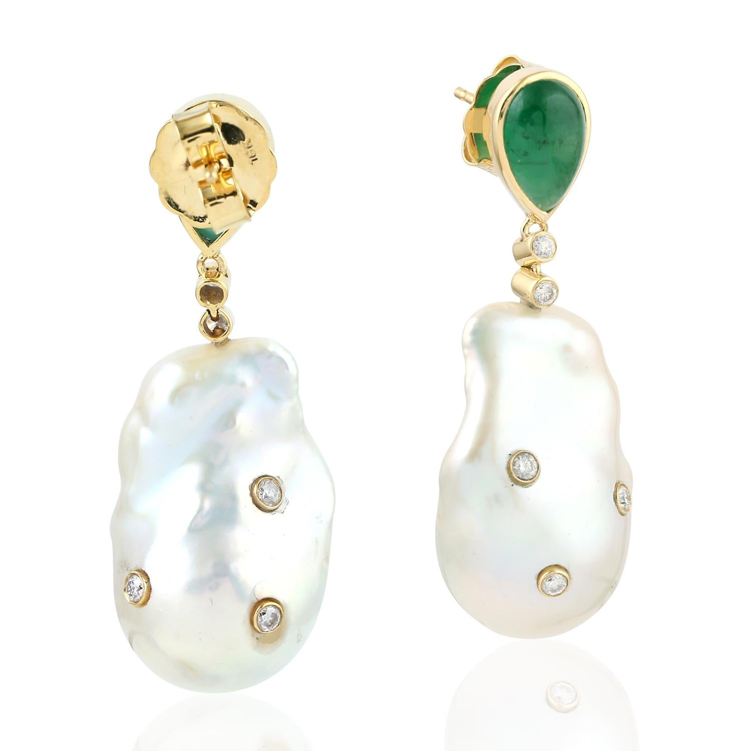 Modern Pearl Emerald Diamond 18 Karat Gold Earrings For Sale