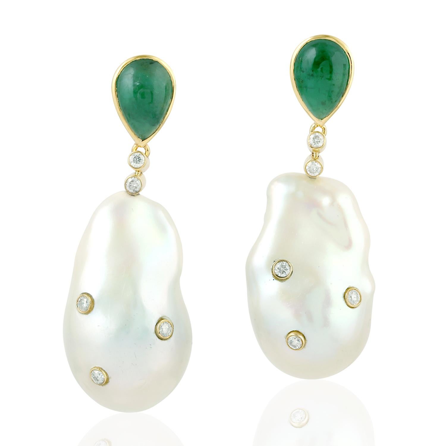 Pear Cut Pearl Emerald Diamond 18 Karat Gold Earrings For Sale