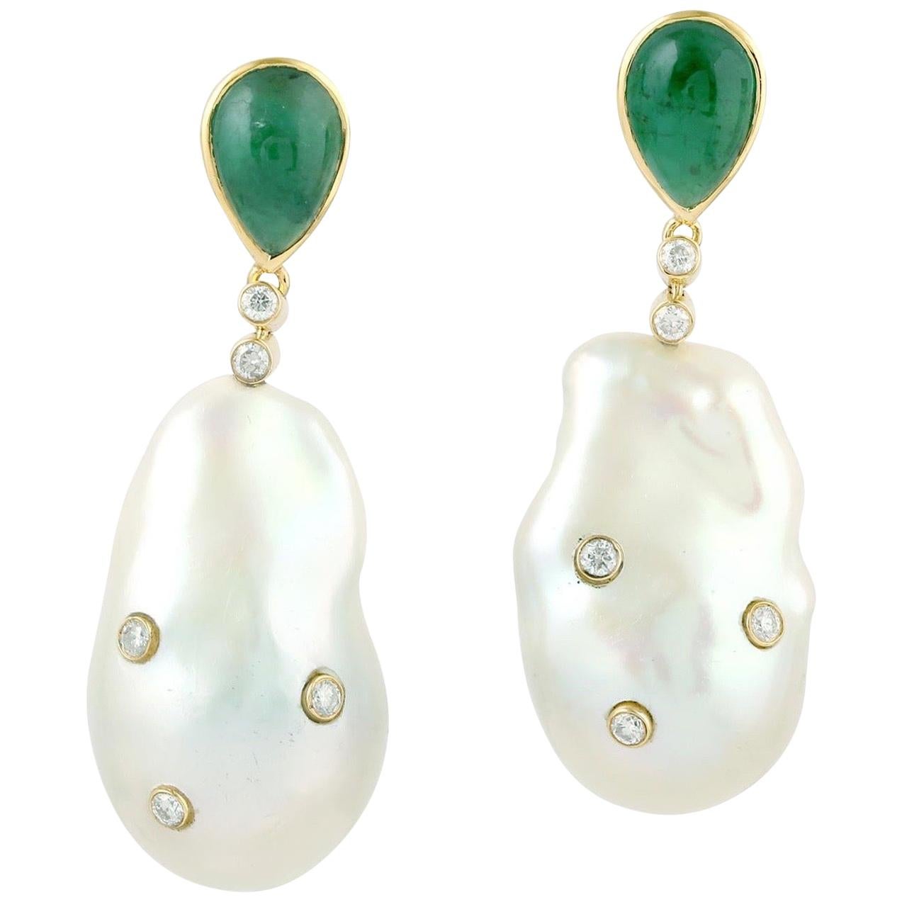 Pearl Emerald Diamond 18 Karat Gold Earrings For Sale