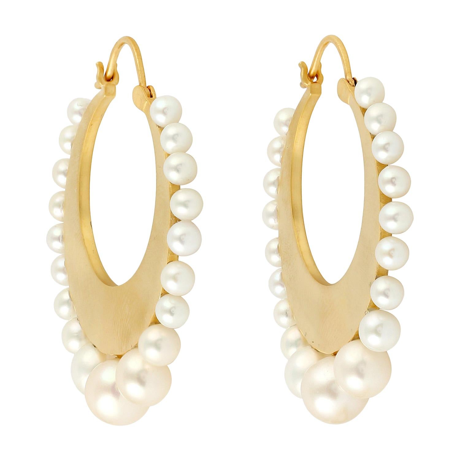 18 Karat Gold Pearl Hoop Earrings For Sale