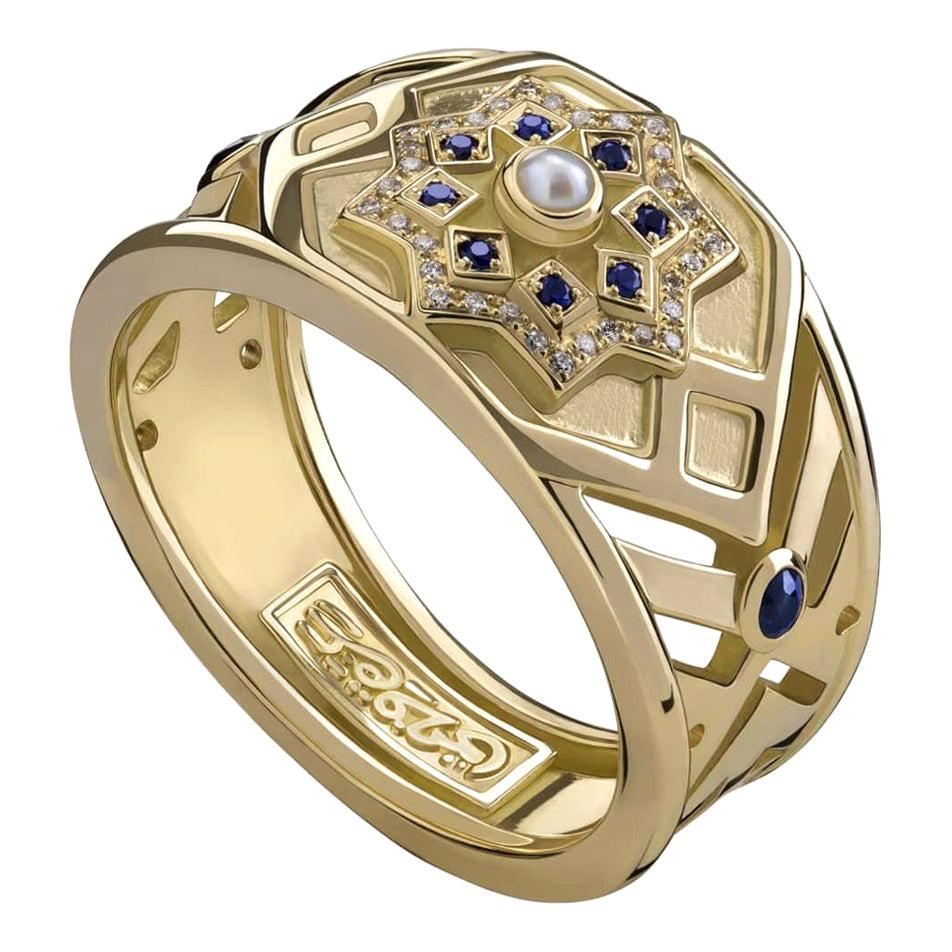 For Sale:  18 Karat Gold, Pearl, Sapphire and Diamond Mamluk Qalawun Ring