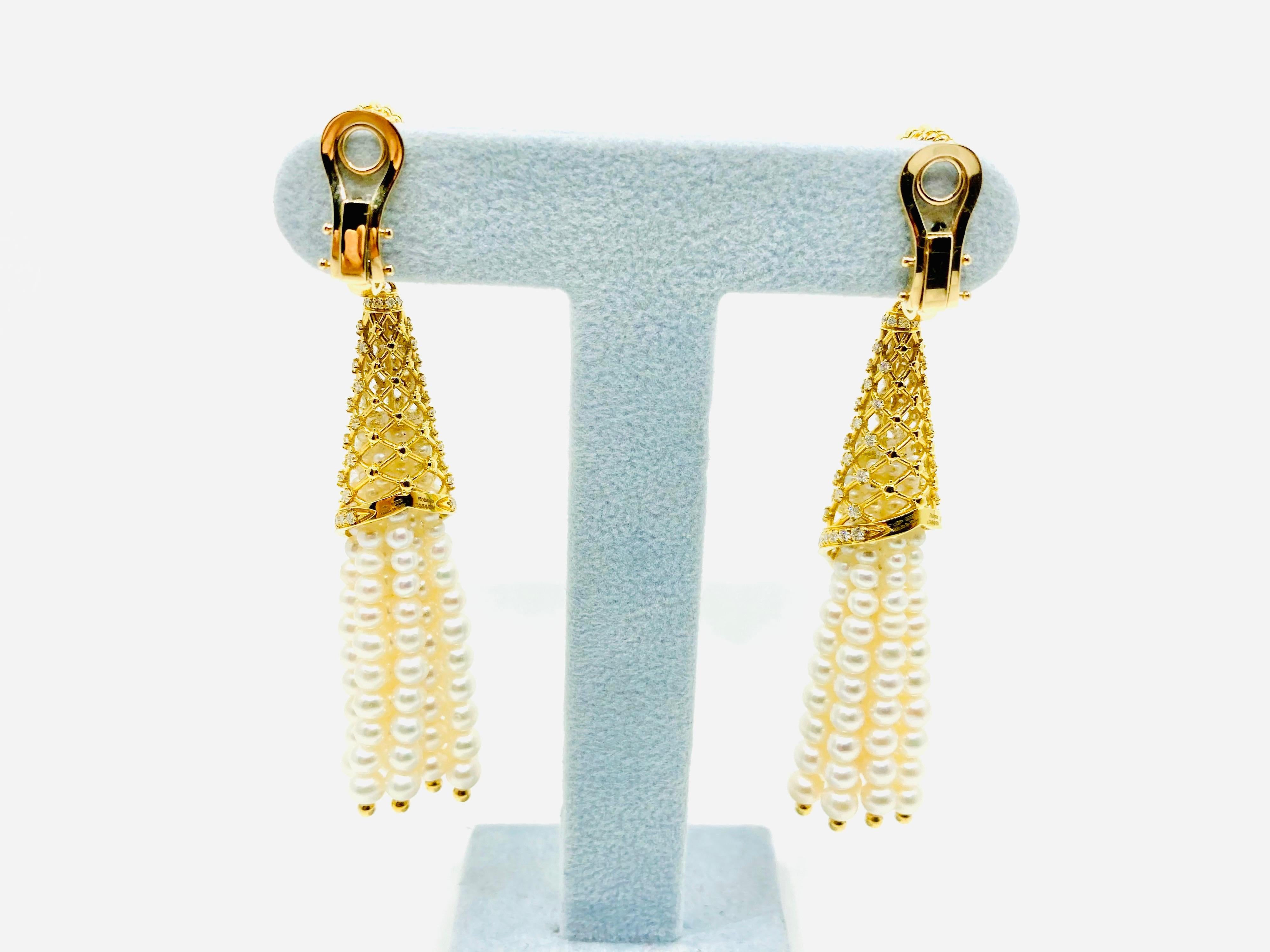 Modern 18 Karat Gold Pearls and Diamonds Italian Earrings For Sale