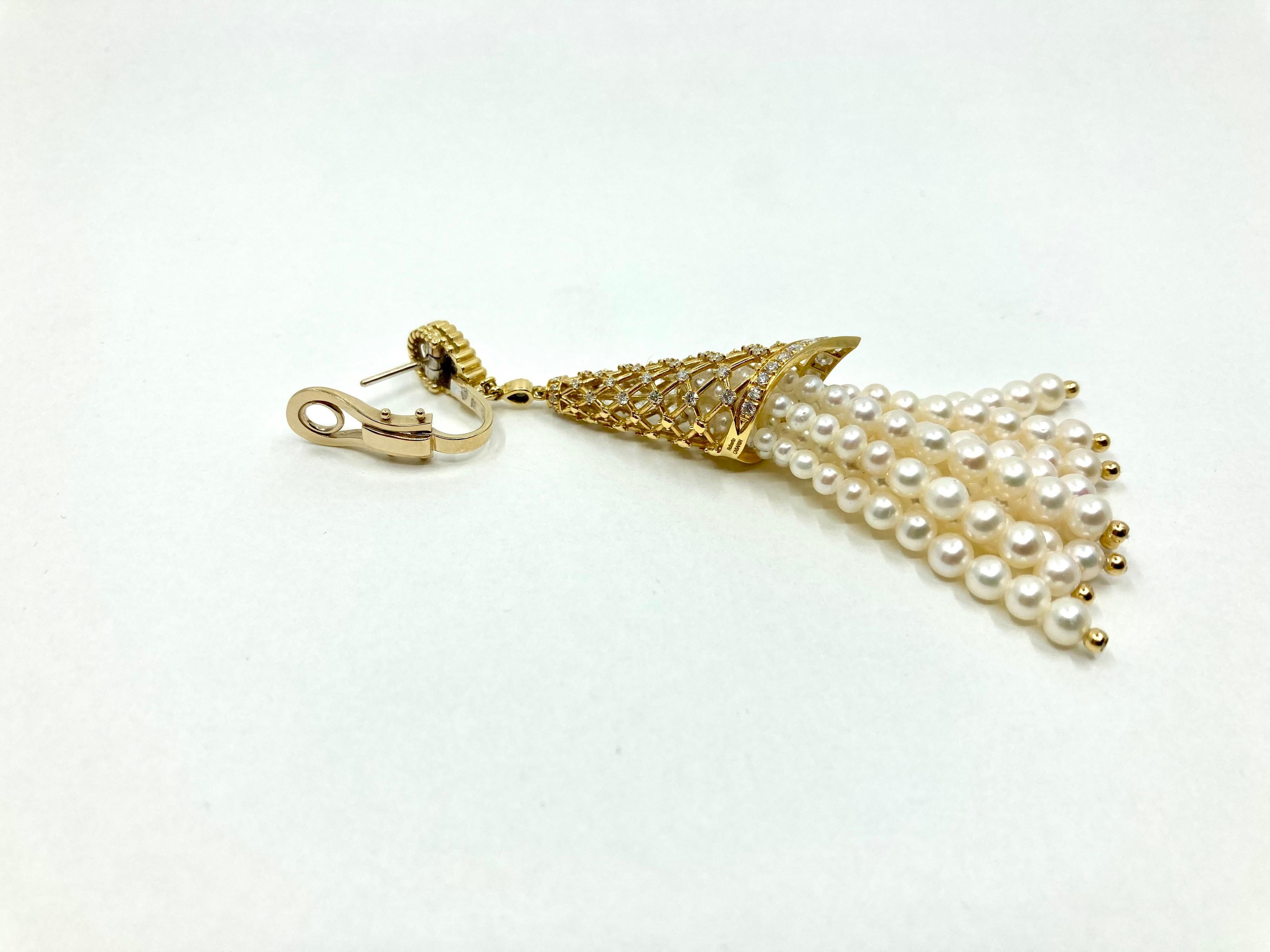 Women's 18 Karat Gold Pearls and Diamonds Italian Earrings For Sale
