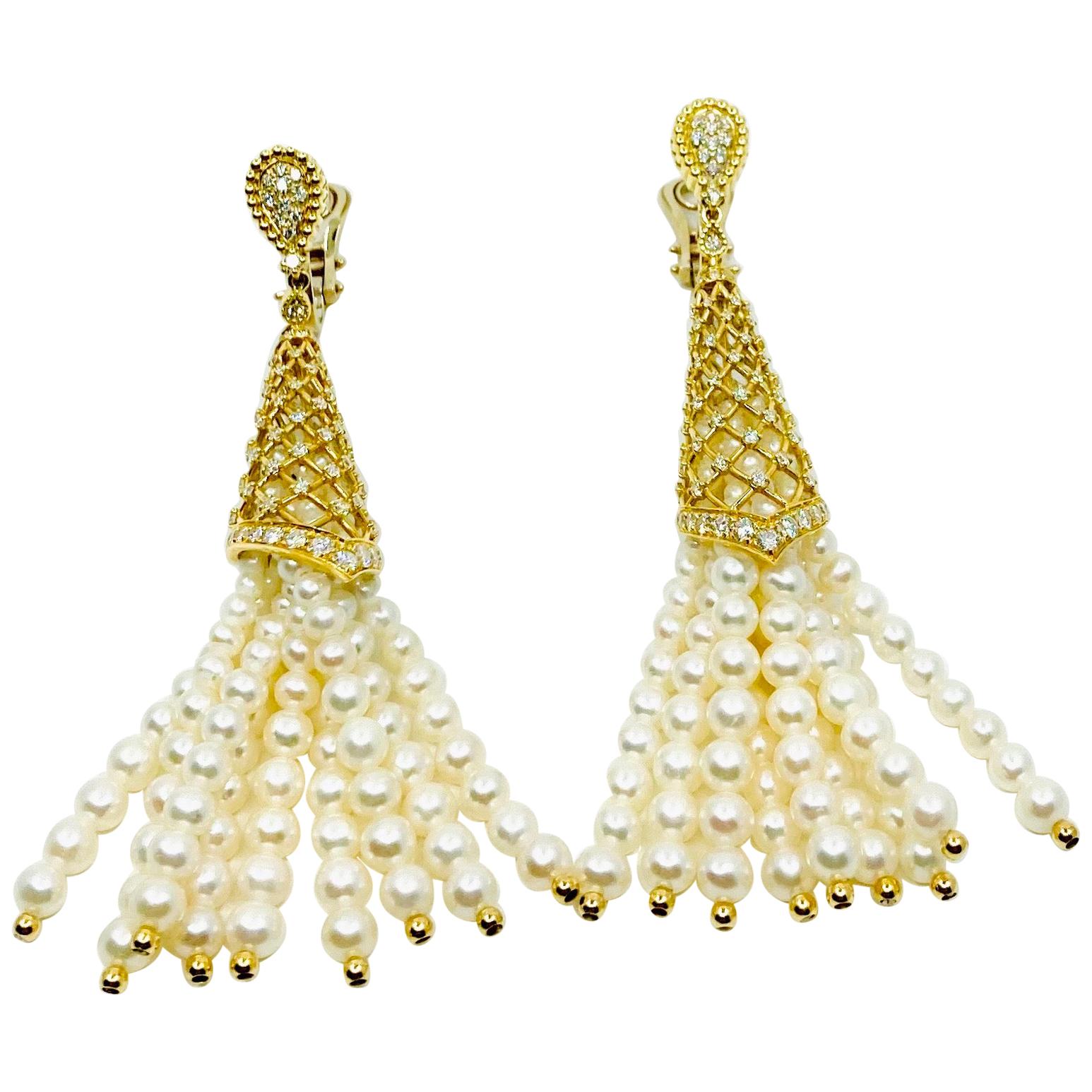 18 Karat Gold Pearls and Diamonds Italian Earrings For Sale