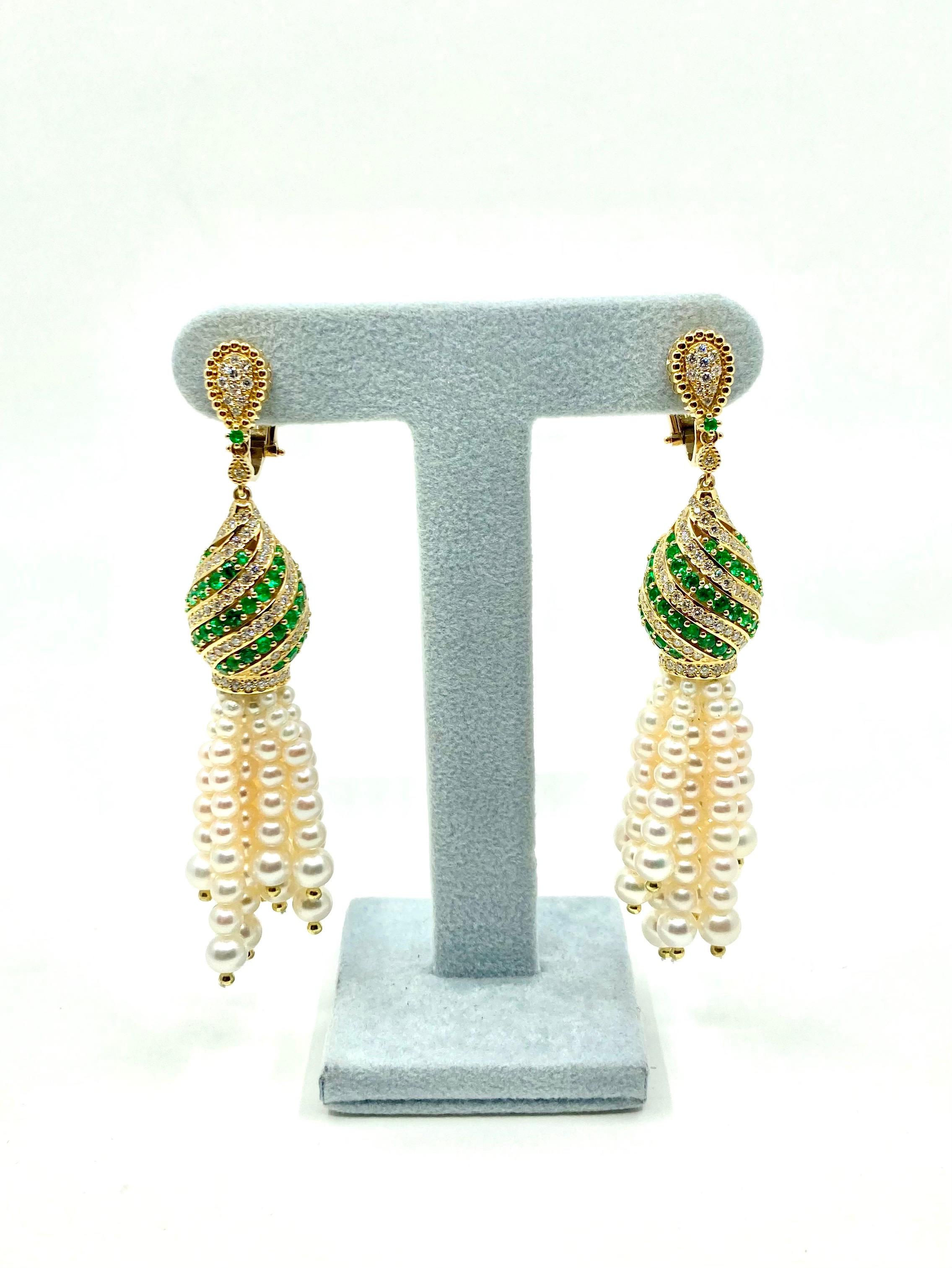 Modern 18 Karat Gold Pearls, Emeralds and Diamonds Earrings For Sale