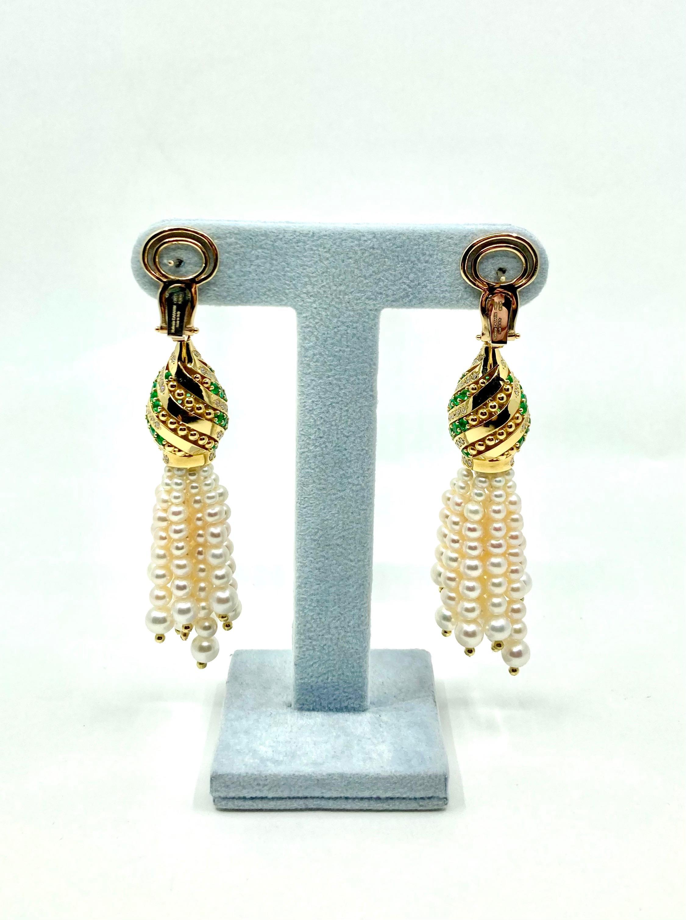 Brilliant Cut 18 Karat Gold Pearls, Emeralds and Diamonds Earrings For Sale