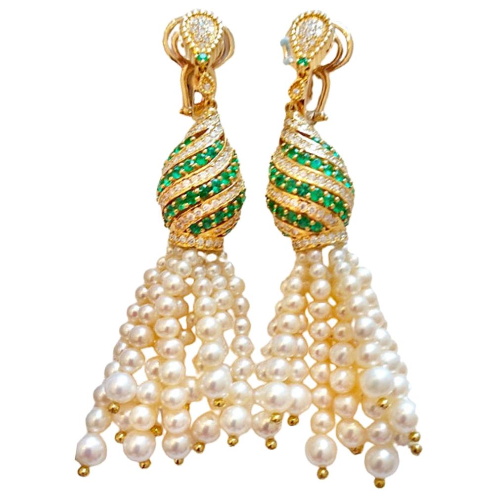 18 Karat Gold Pearls, Emeralds and Diamonds Earrings For Sale