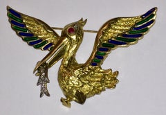 18 Karat Gold Pelican Enamel Pin with Ruby Eye and Pave Diamond Fish