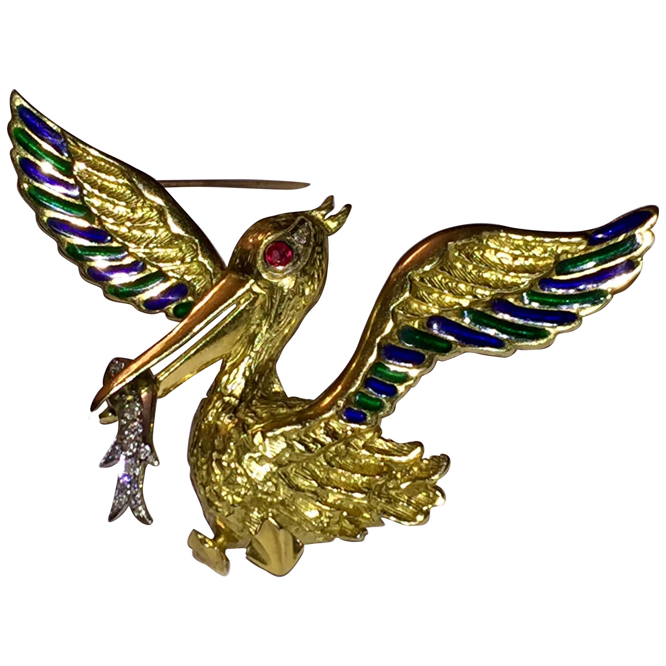 18 Karat Gold Pelican Enamel Pin with Ruby Eye and Pave Diamond Fish For Sale