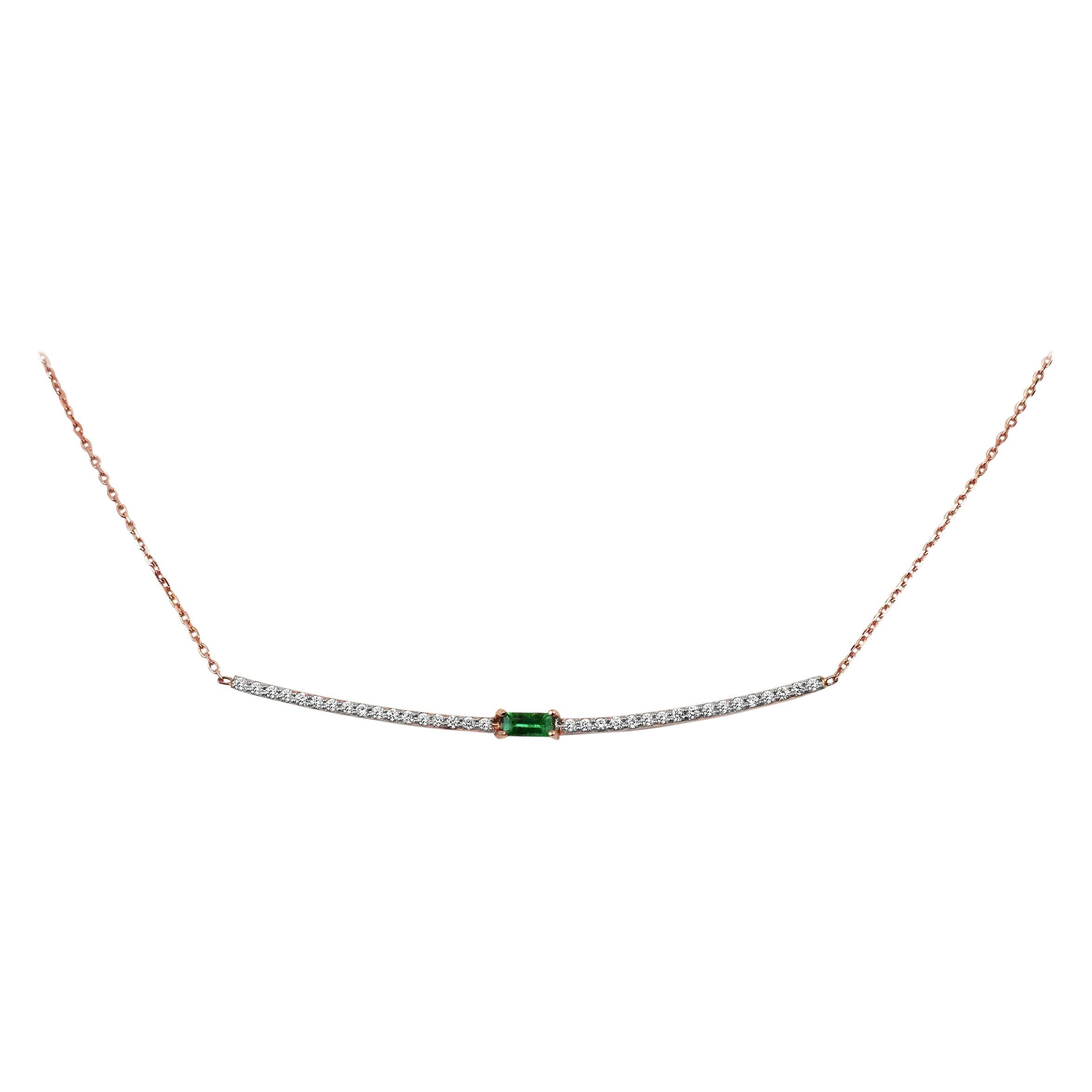 18k Gold Pendant Bar Emerald Necklace Baguette Rose Gold Diamond Pave