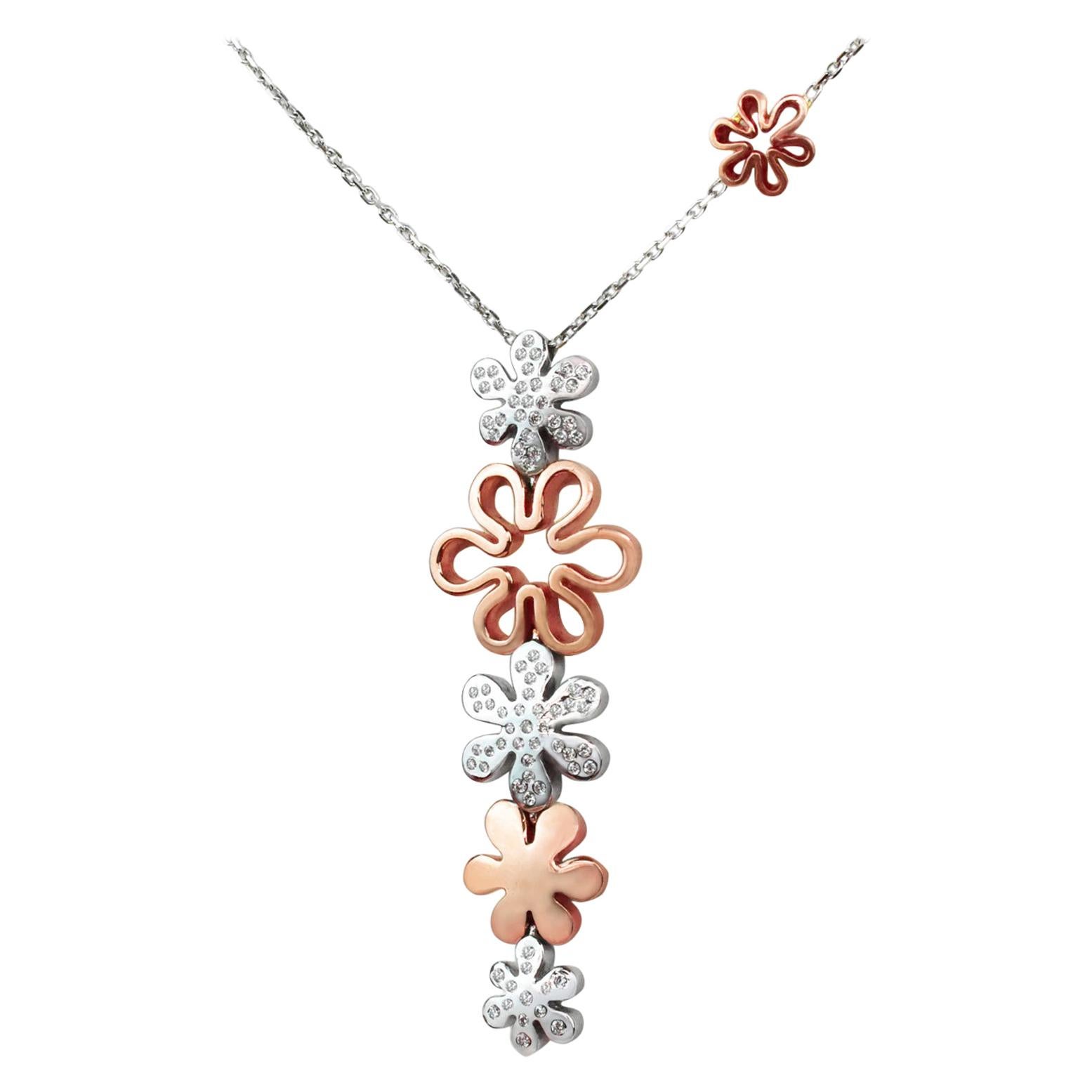 18 Karat Gold Pendant Necklace Two Tone White Gold Rose Gold Diamond Pave Dangle For Sale