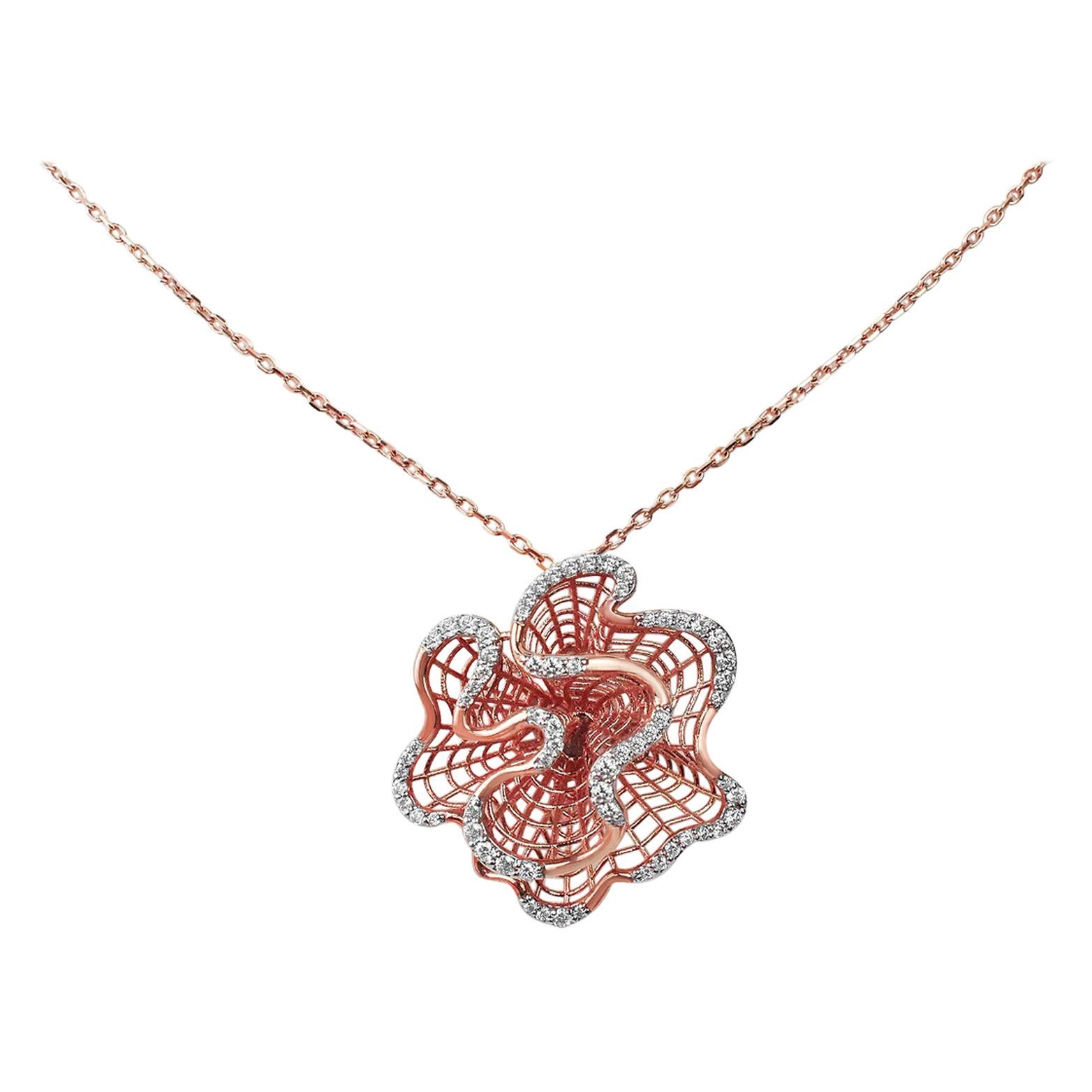 18Karat Gold Pendant Necklace Two-Tone White Gold Rose Gold Diamond Pave Floral Fashion Pendant Necklace
          A fashion Art Nouveau floral open filigree pendant necklace meticulously crafted to mesmerize. Each part of this art piece shows the