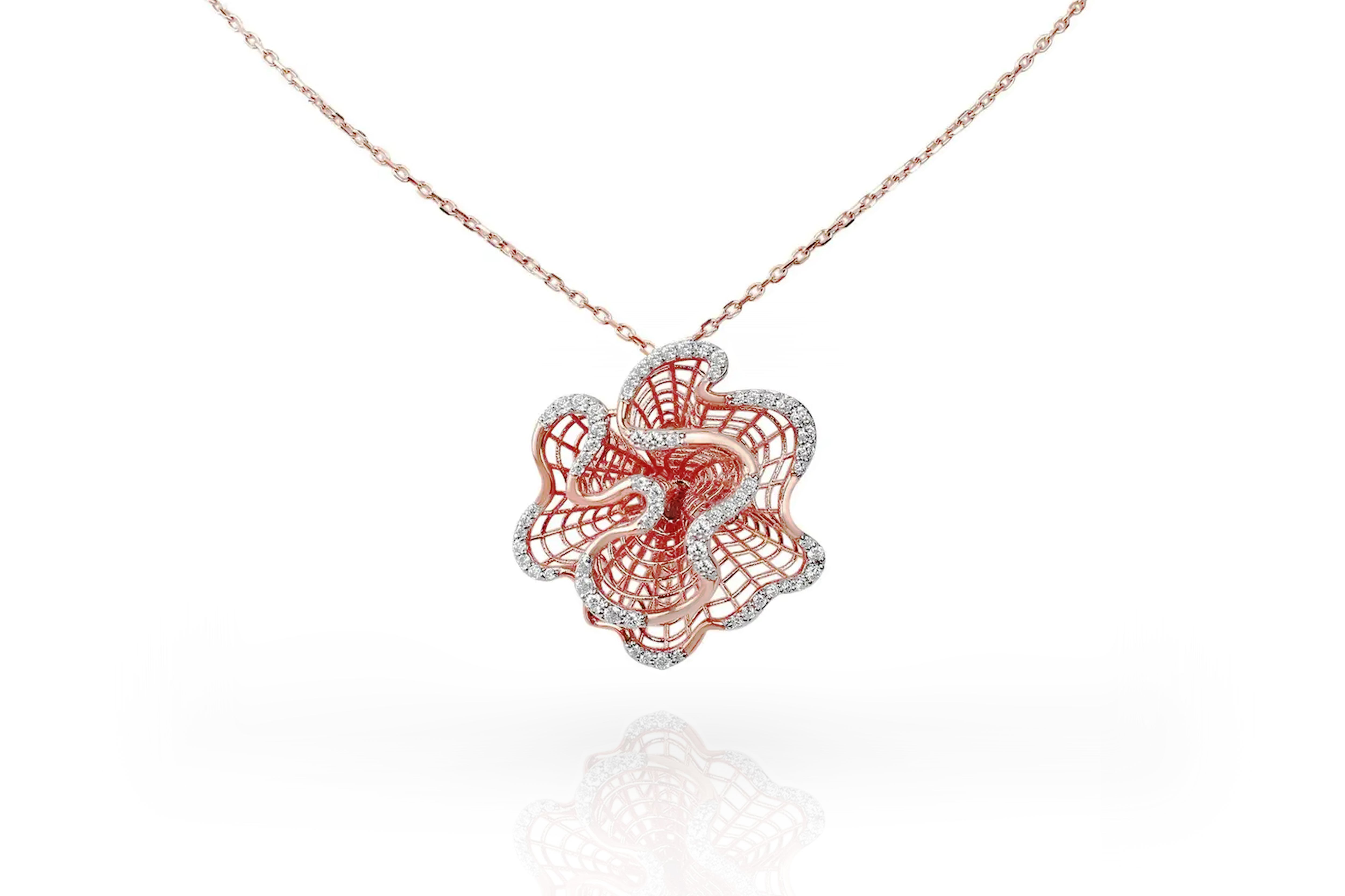 18 Karat Gold Pendant Necklace Two Tone White Gold Rose Gold Diamond Pave Floral For Sale