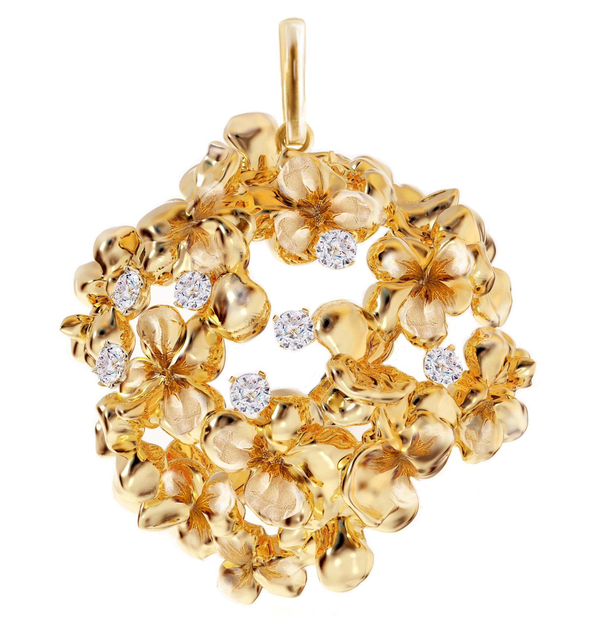 This Hortensia contemporary pendant necklace is made of 18 karat yellow gold and features 7 round natural diamonds (VS, F-G) as well as a detachable untreated natural sapphire, heart cut, 6.08 carats, measuring 0.48x0.37 inches / 12.2x9.5 mm. The