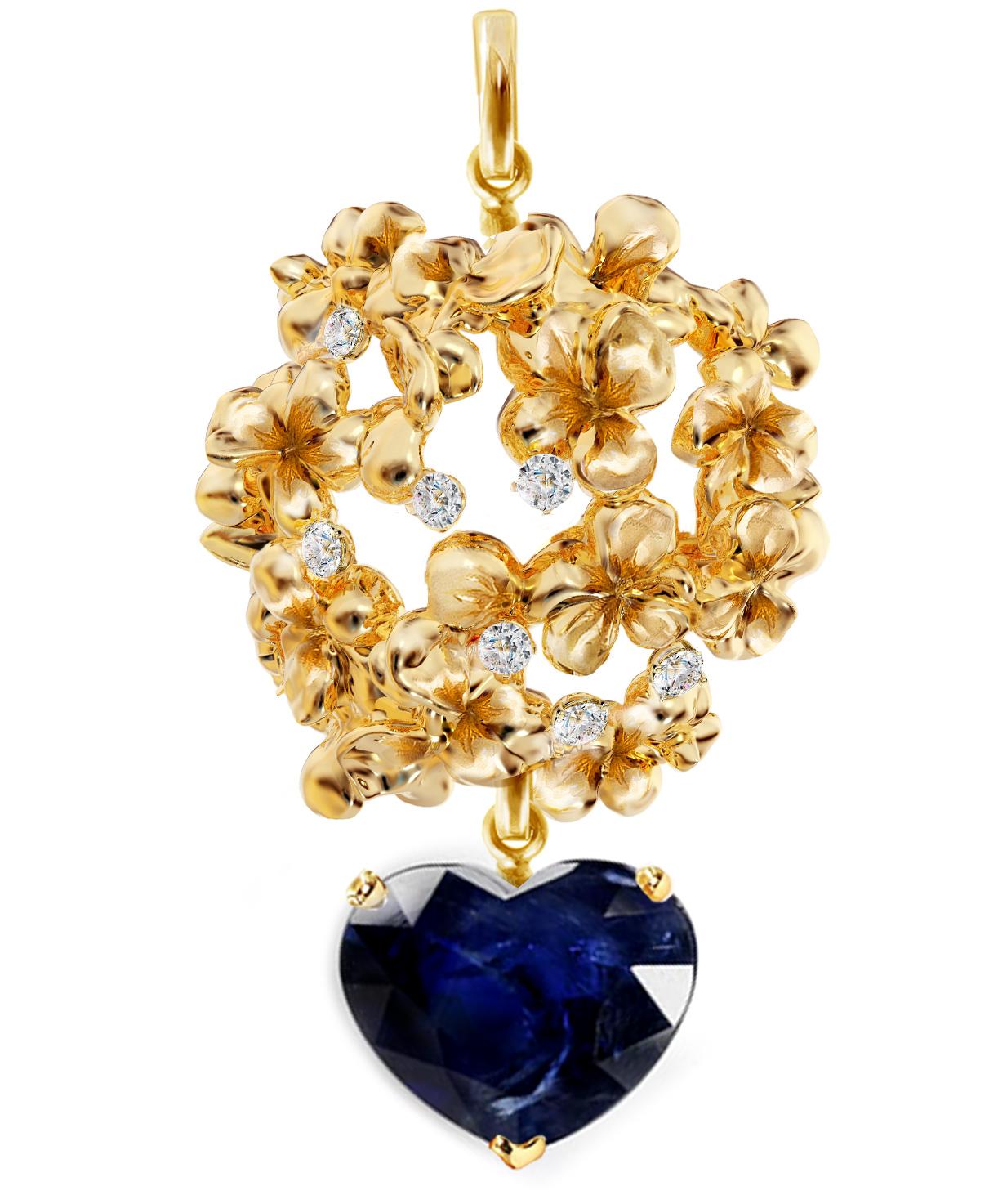 Round Cut Six Carats Heart Cut Sapphire and Diamonds Yellow Gold Pendant Necklace For Sale