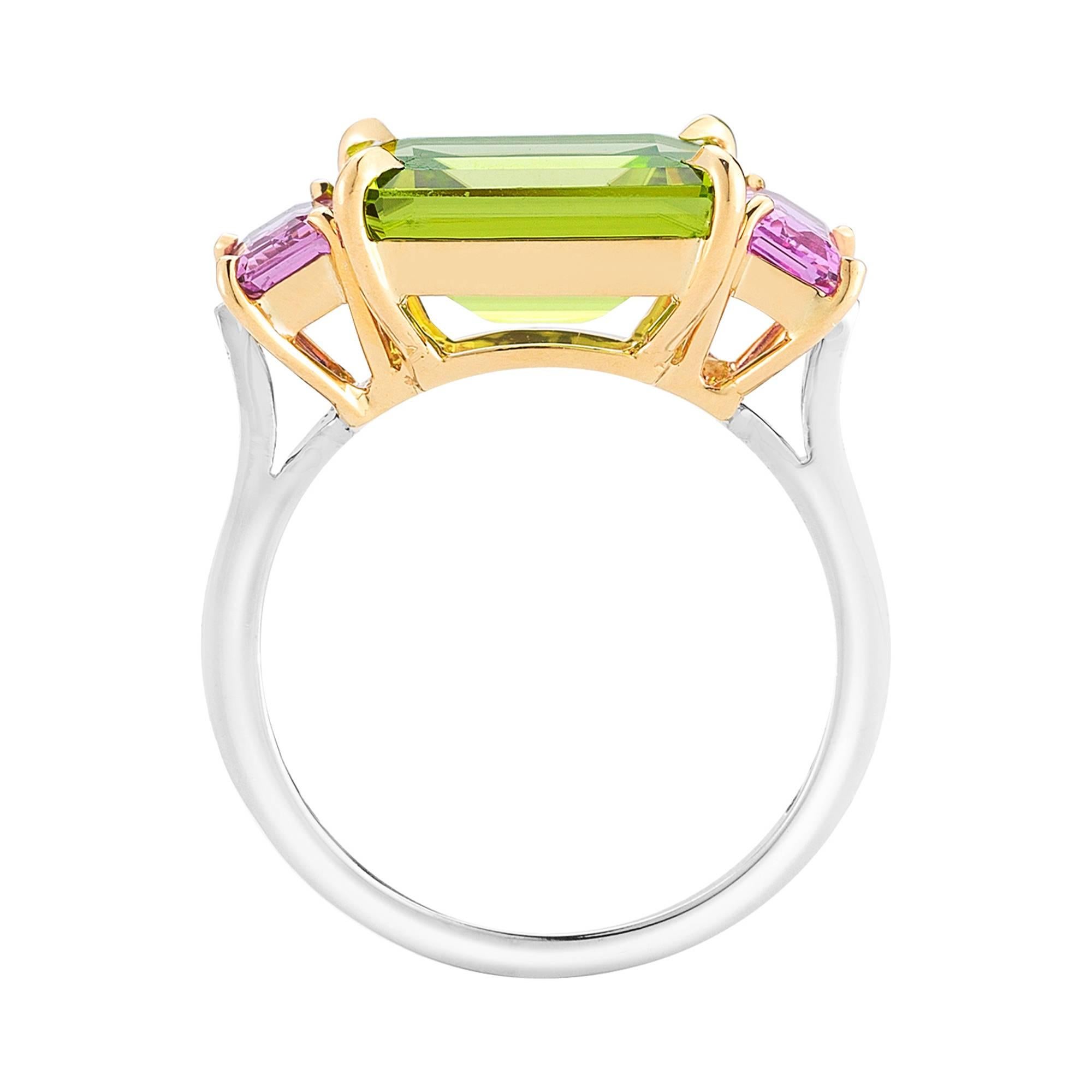 The signature Paolo Costagli three-stone Florentine ring set in 18kt yellow and white gold with an emerald-cut peridot, 6.36 carats flanked by emerald-cut pink sapphires, 1.36 carats and diamond detail, 0.16 carats.

Inspired by the Garden of the