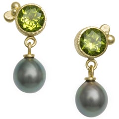 18 Karat Gold Peridot and Tahitian Pearls Drop Earrings