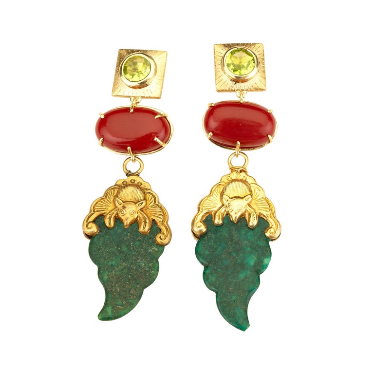 18 Karat Gold Peridot Coral Earrings Rare Chinese Earrings For Sale
