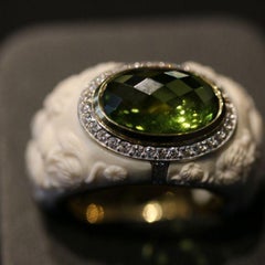 18ct Yellow Gold Peridot, Diamond and Carved Mammoth Bone Chrysanthemum Ring