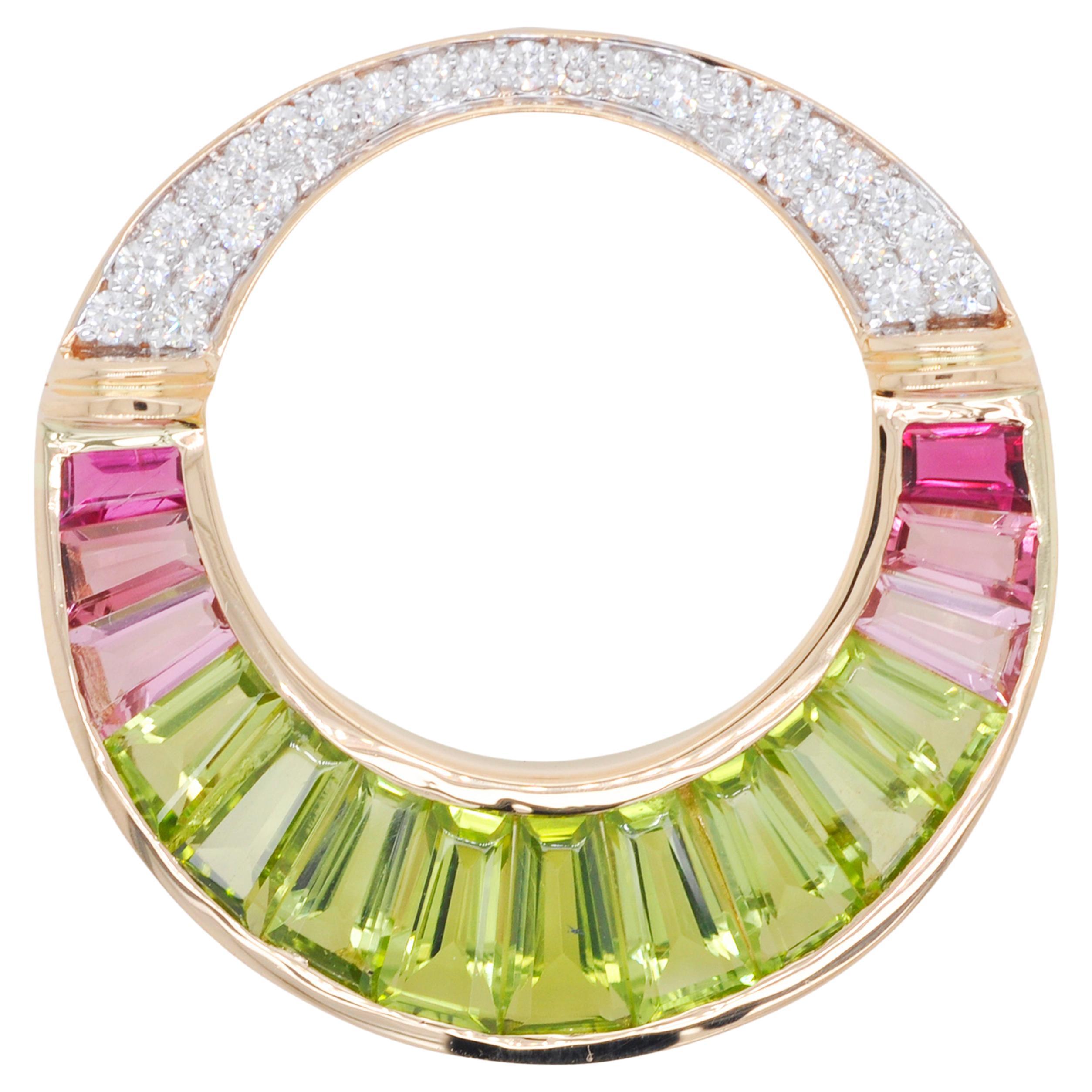 18 Karat Gold Peridot Pink Tourmaline Baguette Diamond Pendant Necklace Brooch
