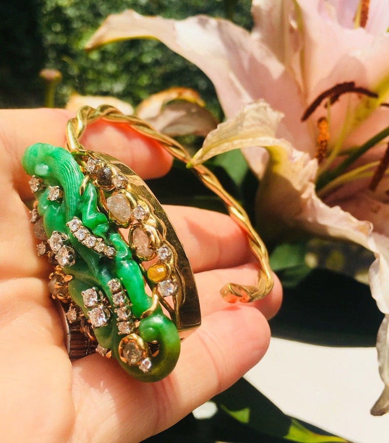 18 Karat Gold Peter Lindeman Jade Rough Cut VS Diamond Bangle Bracelet