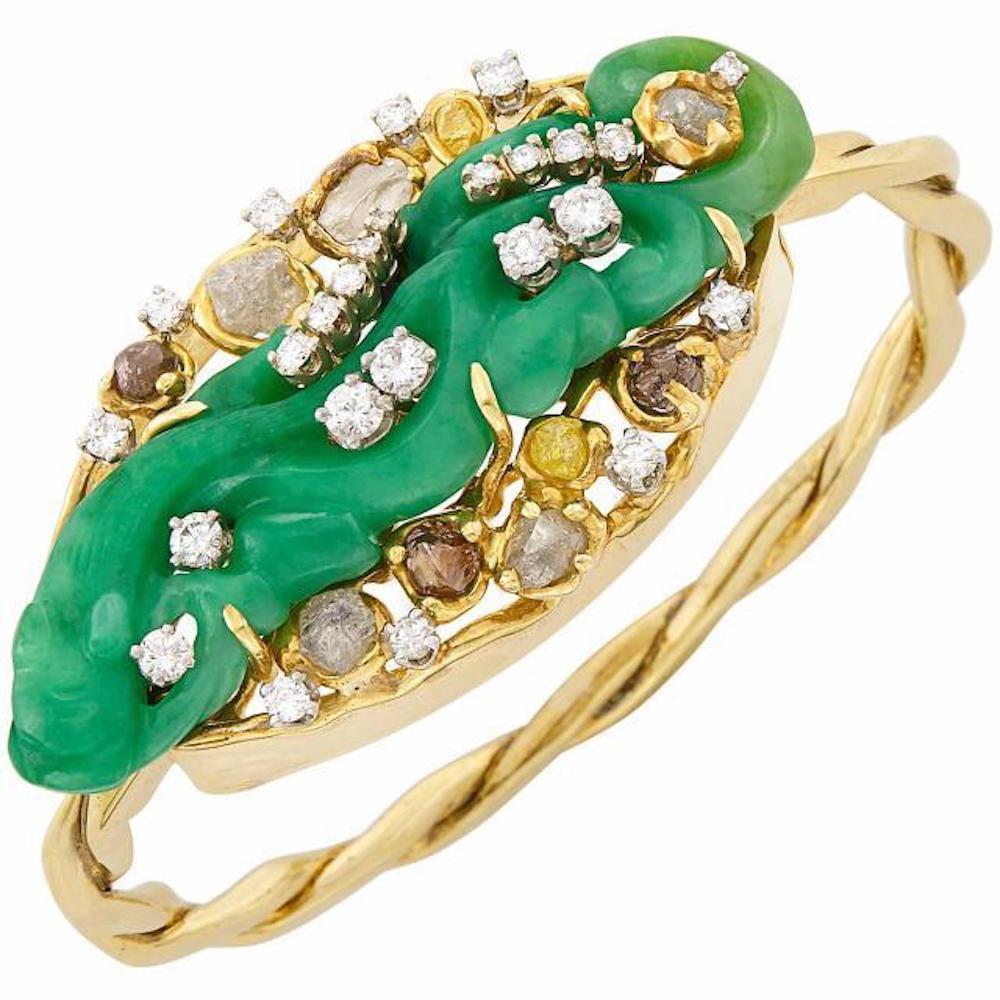 18 Karat Gold Peter Lindeman Jade Rough Cut VS Diamond Bangle Bracelet Cuff For Sale