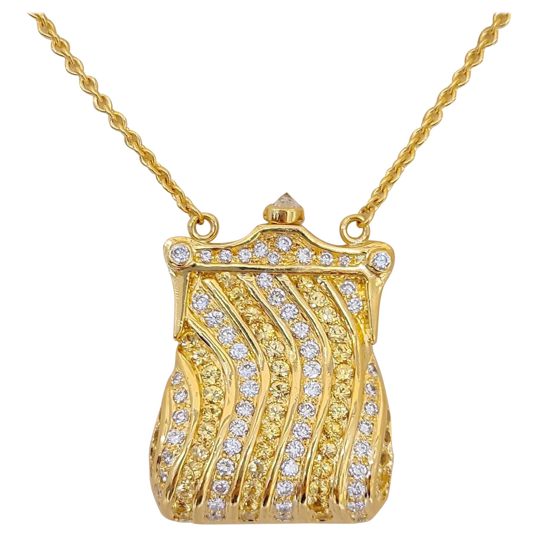 18 Karat Gold Petite Purse Pendant w/1.54ct Diamonds & 1.50ct Yellow Sapphire