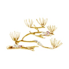 18 Karat Gold Pine Brooch by the Artist with 4.03 Carat GIA Certified Diamonds