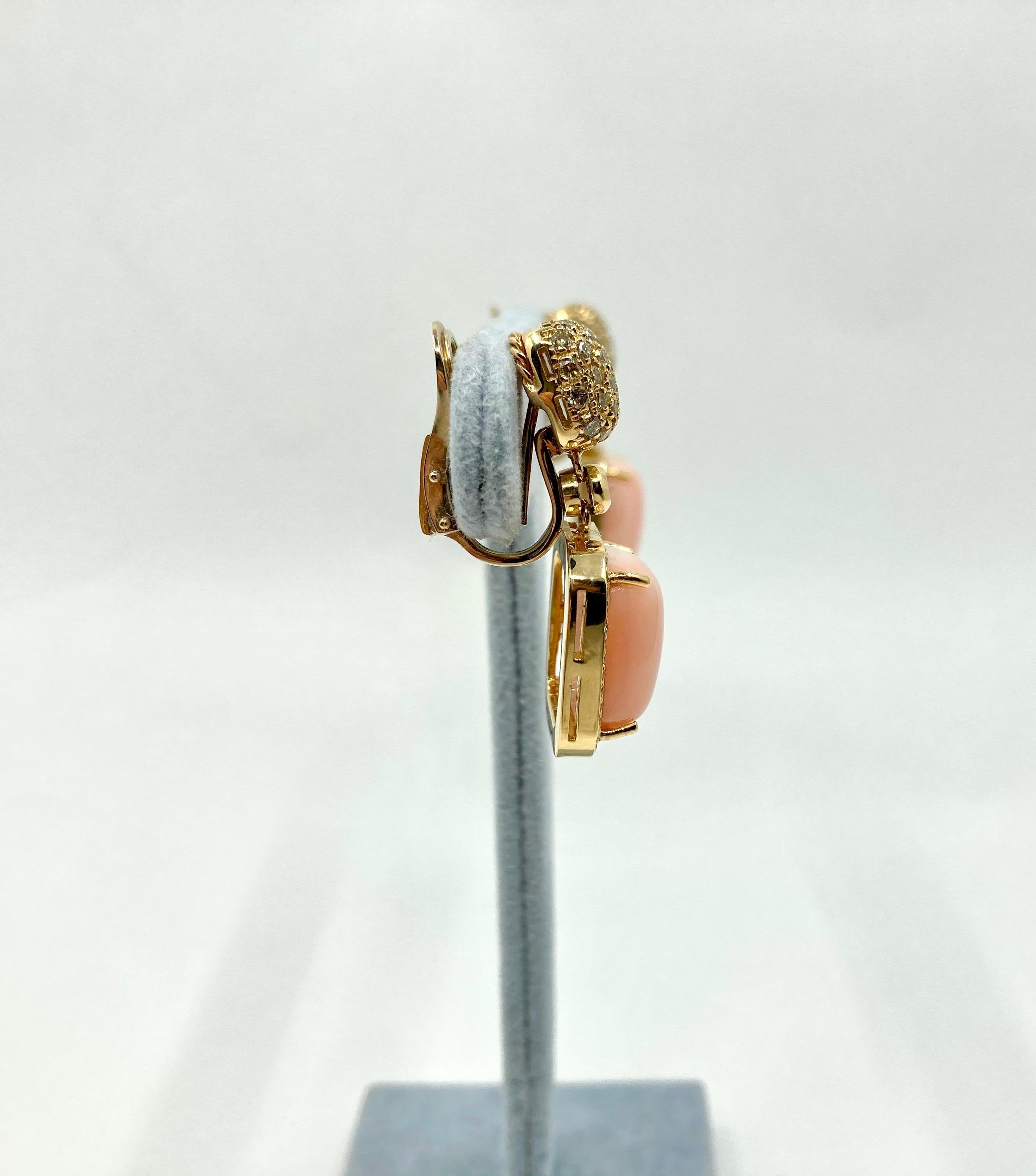 Brilliant Cut 18 Karat Gold Pink Coral and Diamonds Italian Earrings For Sale