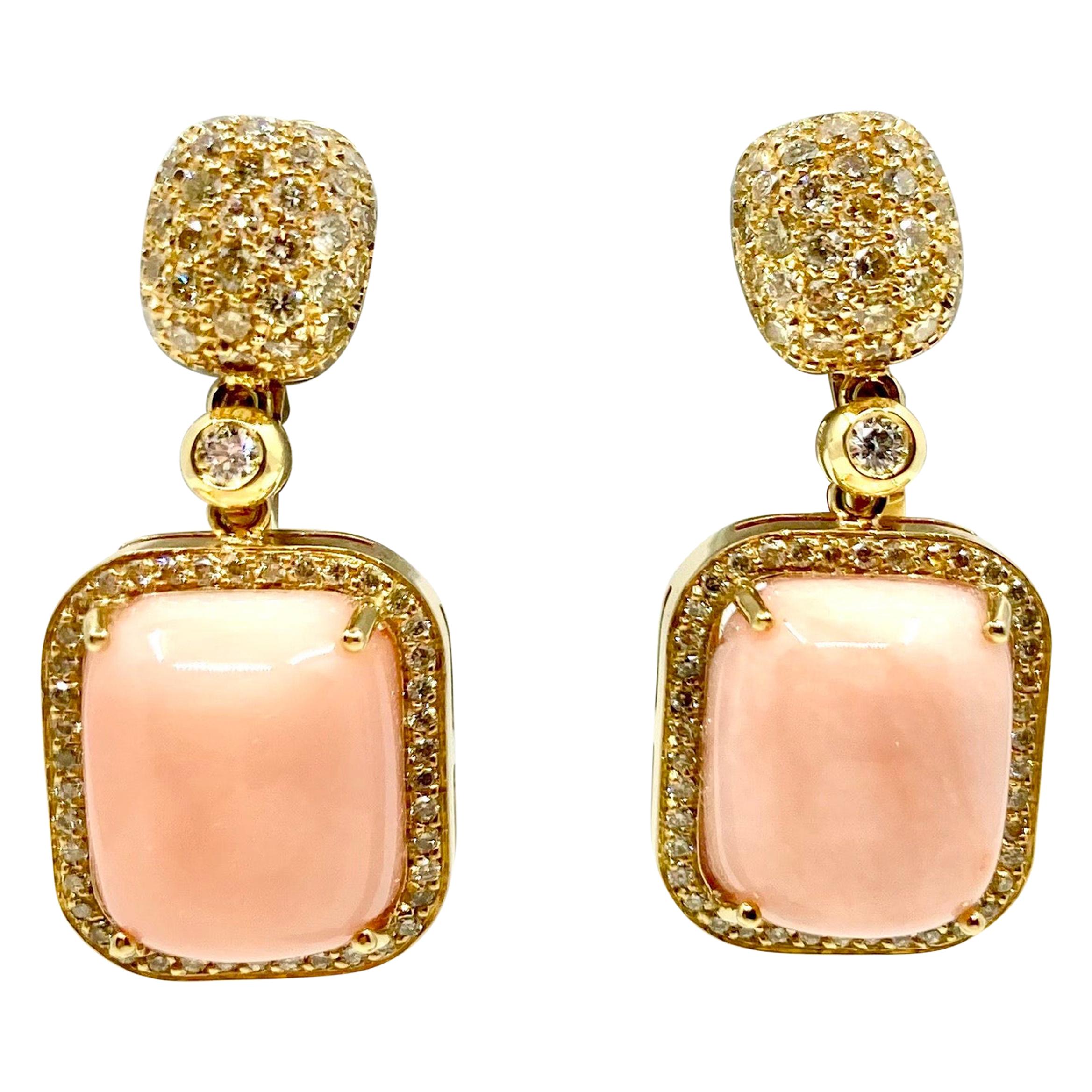 18 Karat Gold Pink Coral and Diamonds Italian Earrings For Sale