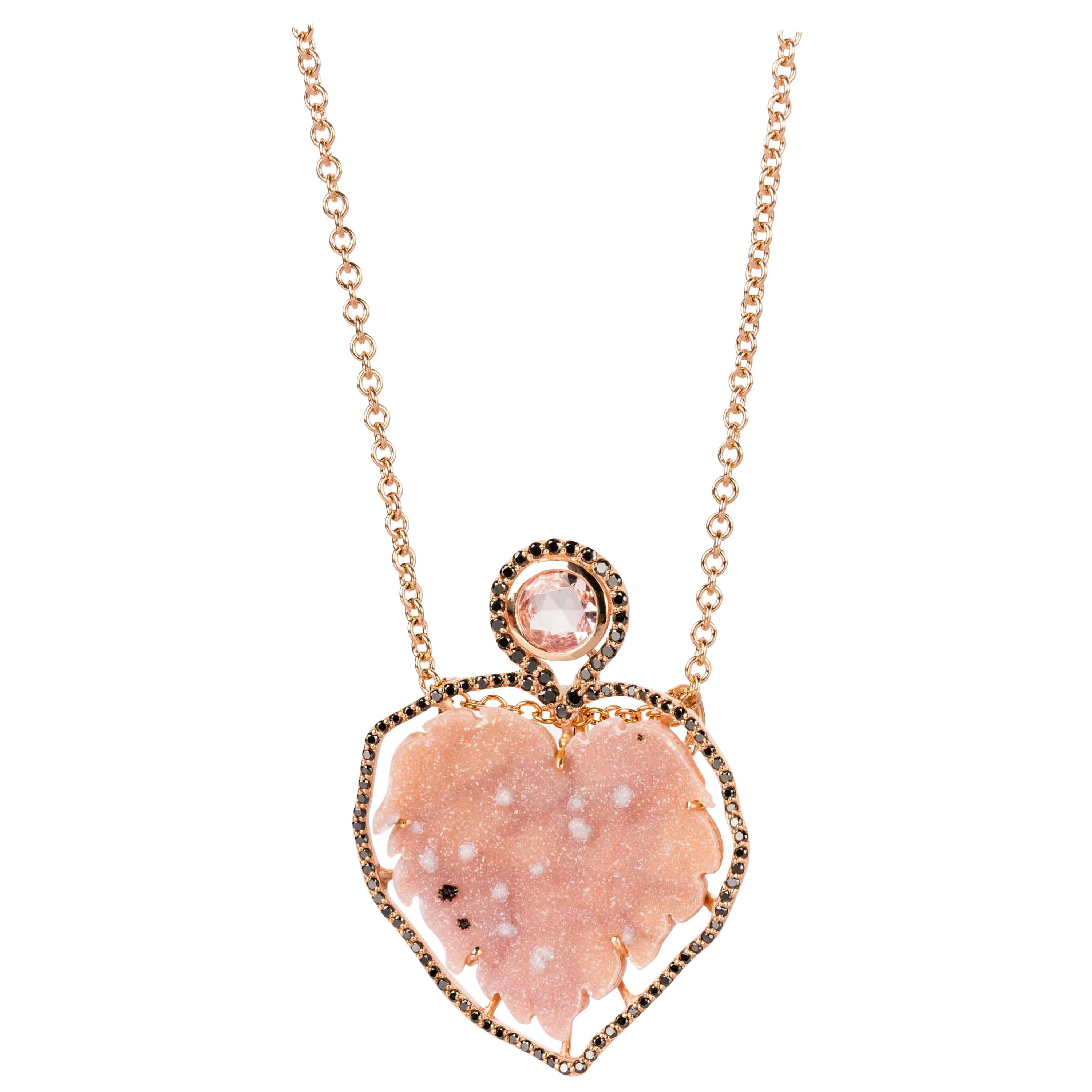 18 Karat Gold Pink Druzy Necklace with a Black Diamond Halo and a Pink Sapphire