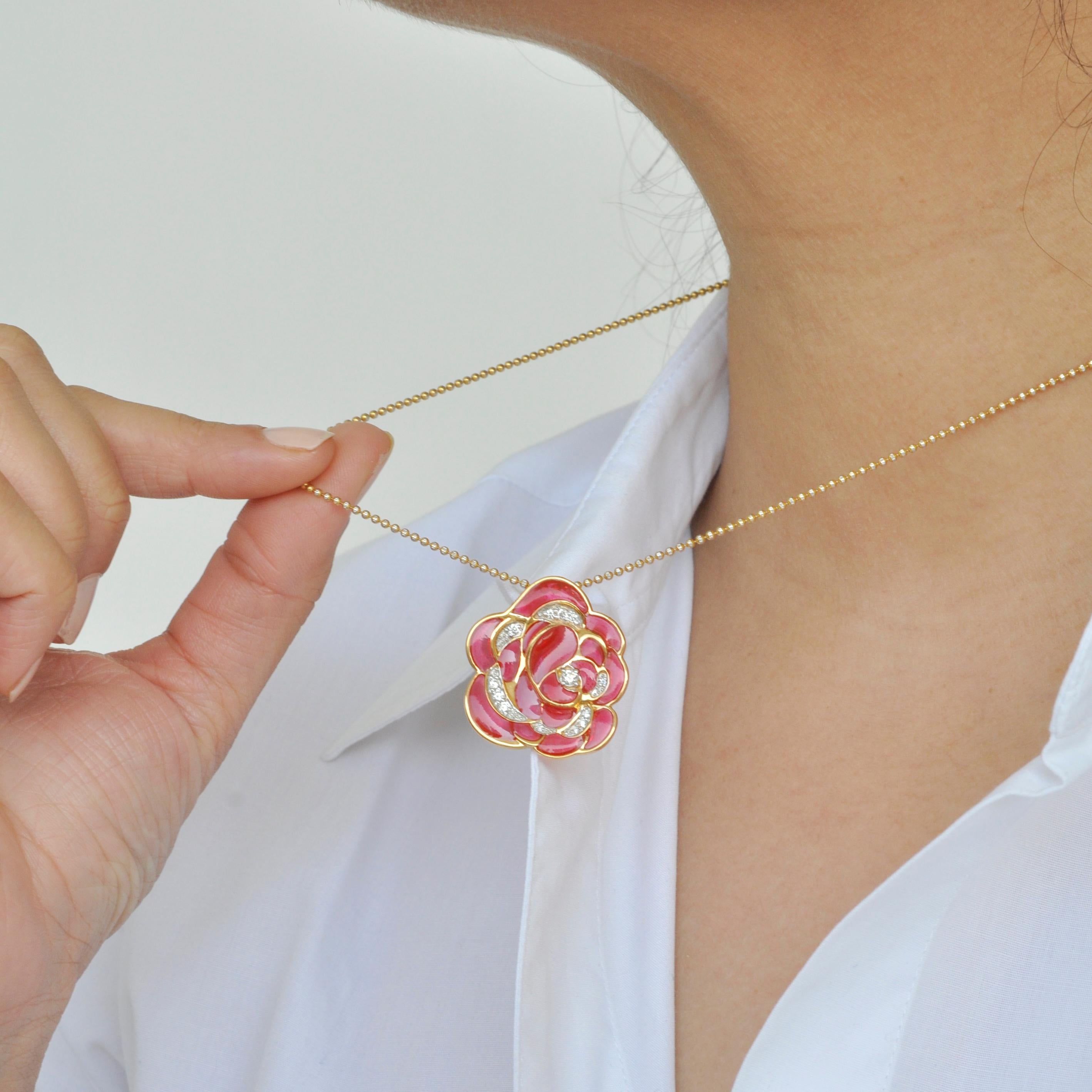 Contemporary 18 Karat Gold Pink Enamel Plique-a-Jour Rose Pendant Necklace For Sale