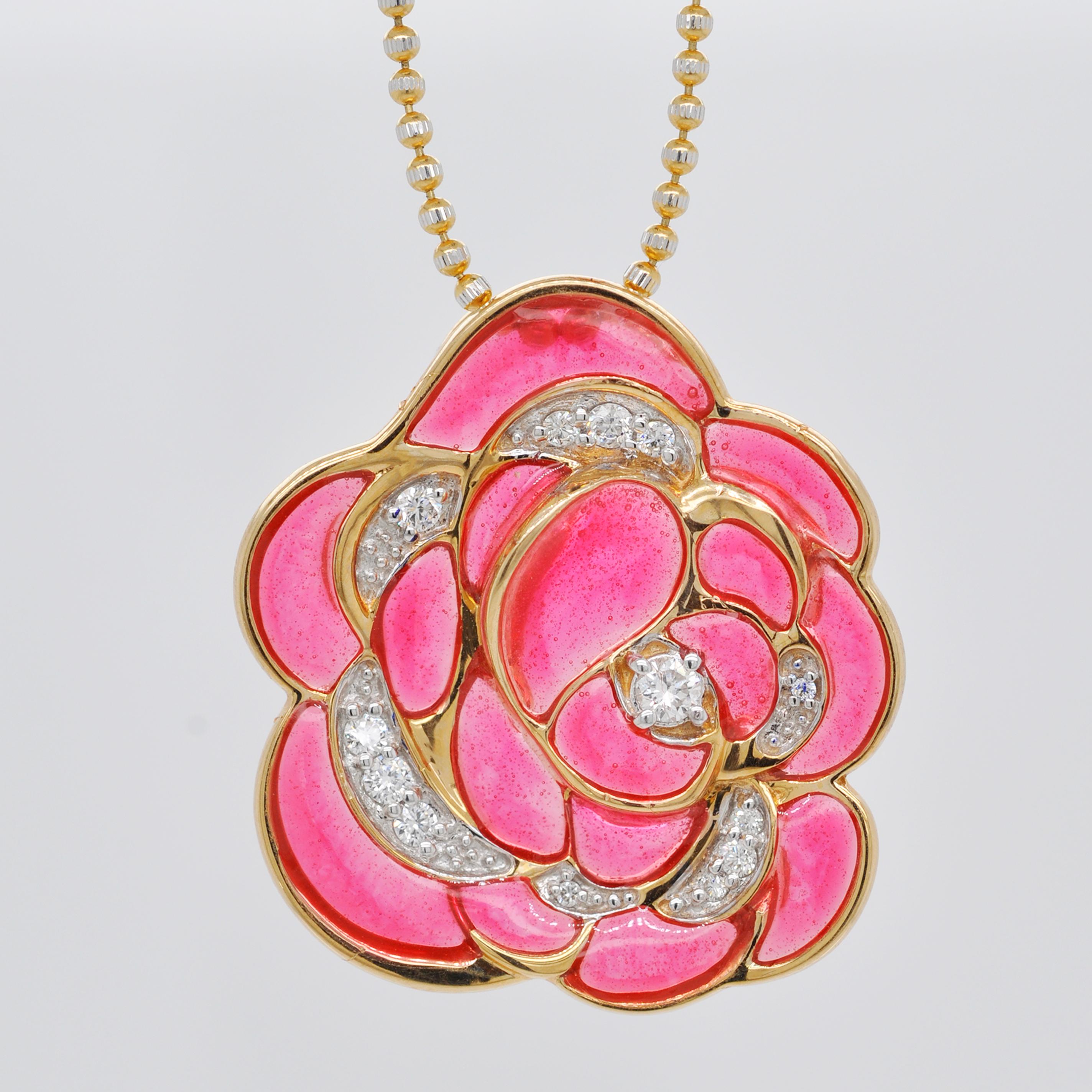 Round Cut 18 Karat Gold Pink Enamel Plique-a-Jour Rose Pendant Necklace For Sale