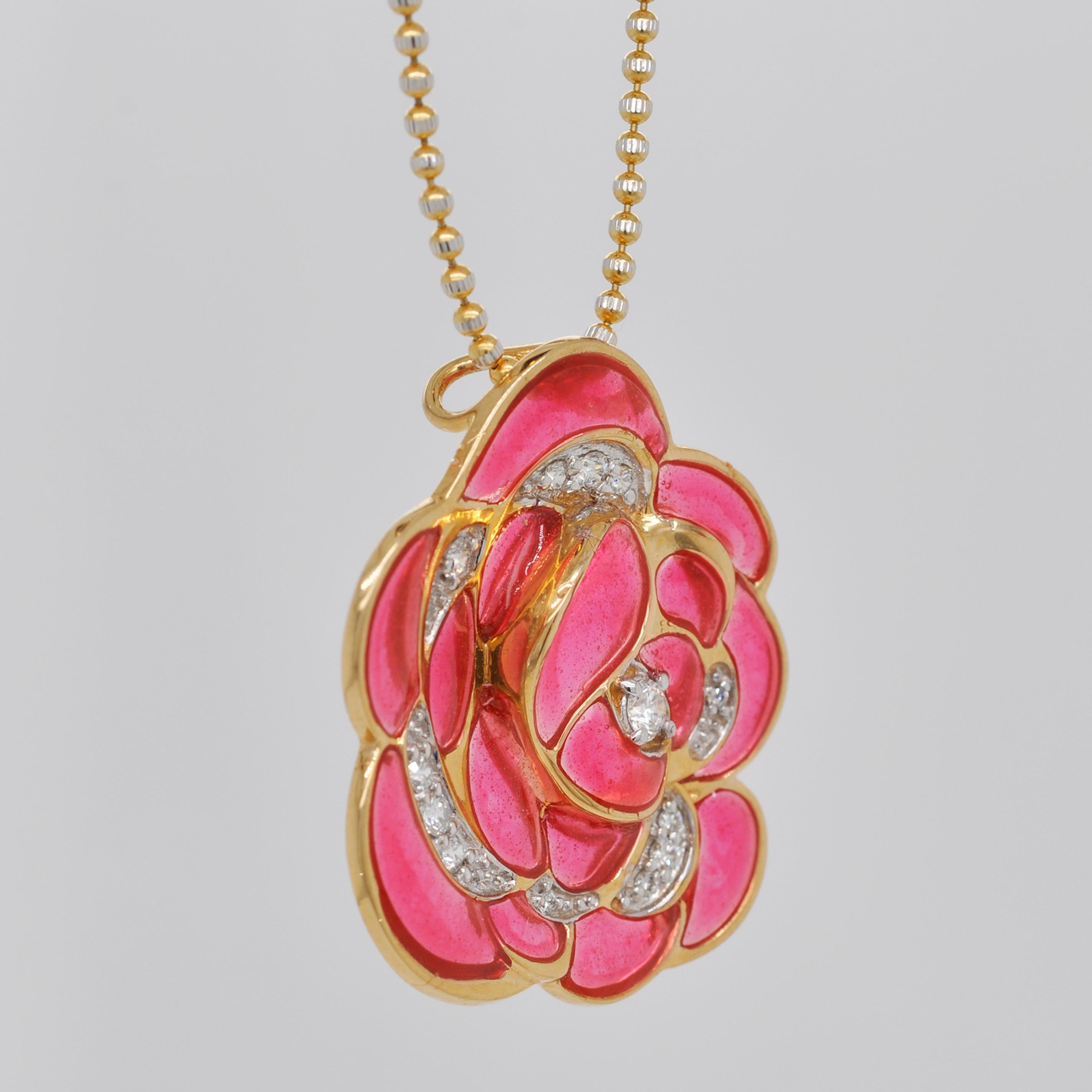 18 Karat Gold Pink Enamel Plique-a-Jour Rose Pendant Necklace In New Condition For Sale In Jaipur, Rajasthan